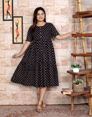 Women Black Cotton Flowers Middi Gown