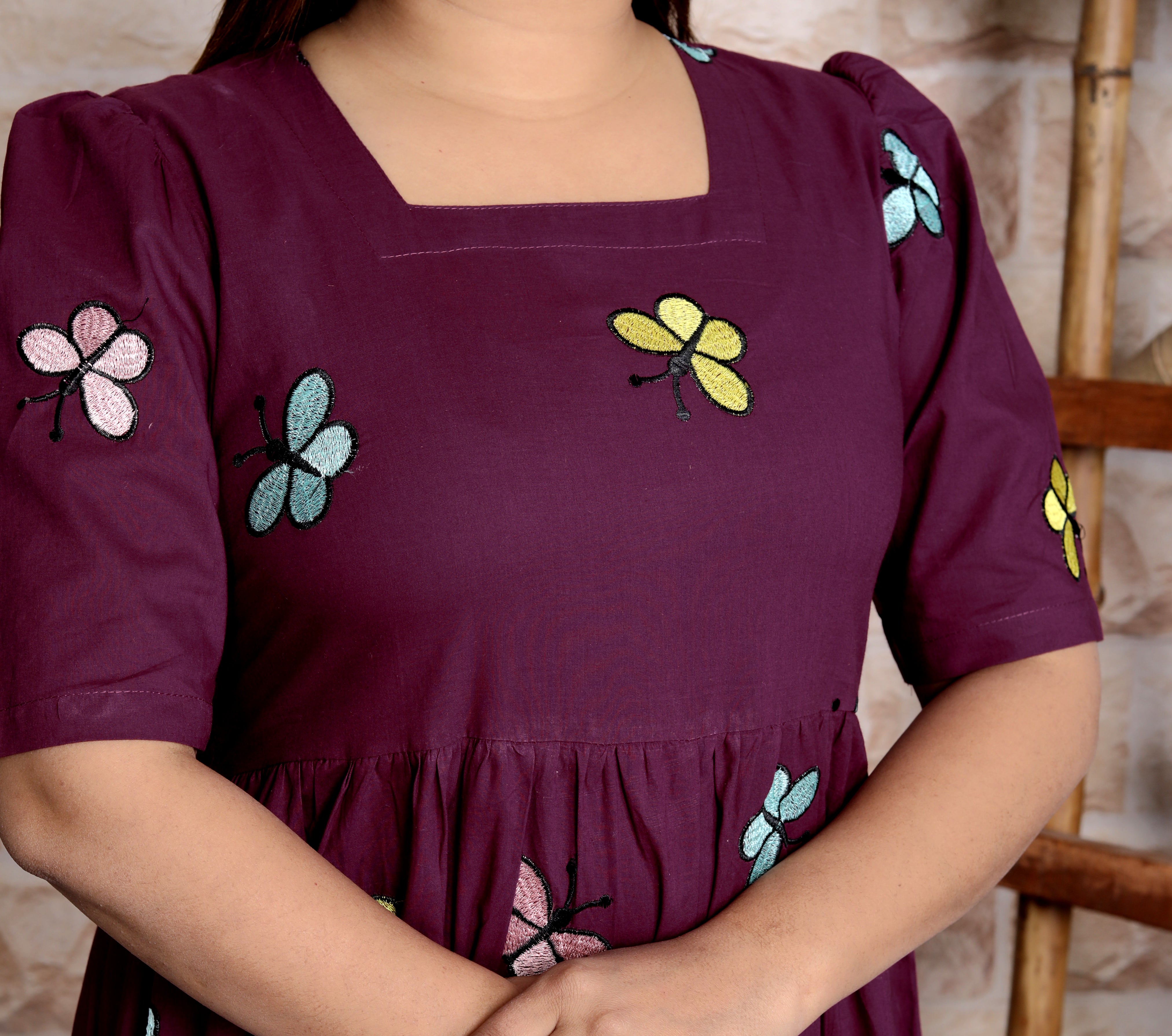 Women Cotton Emroidery Purple Middi Gown