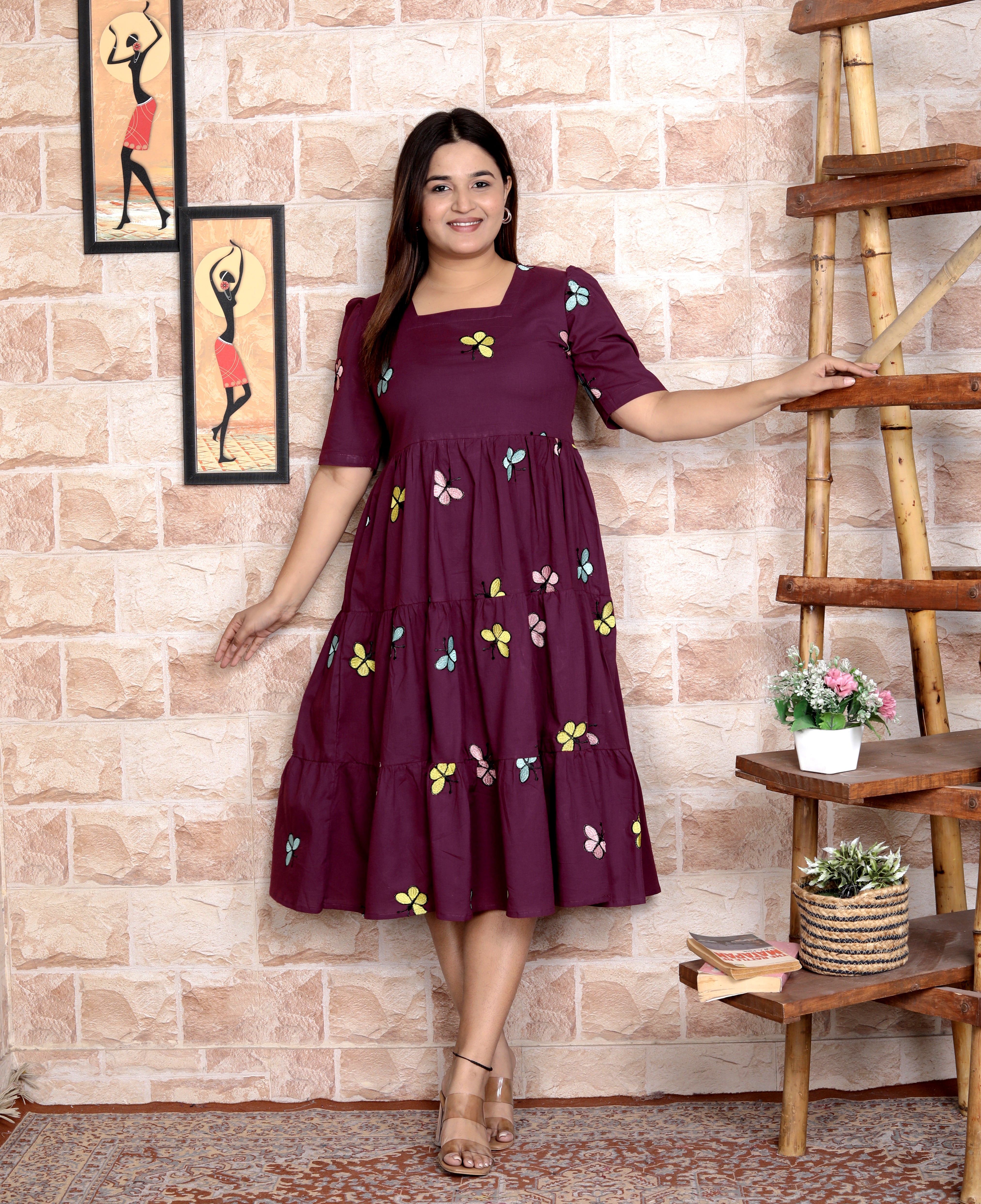 Women Cotton Emroidery Purple Middi Gown