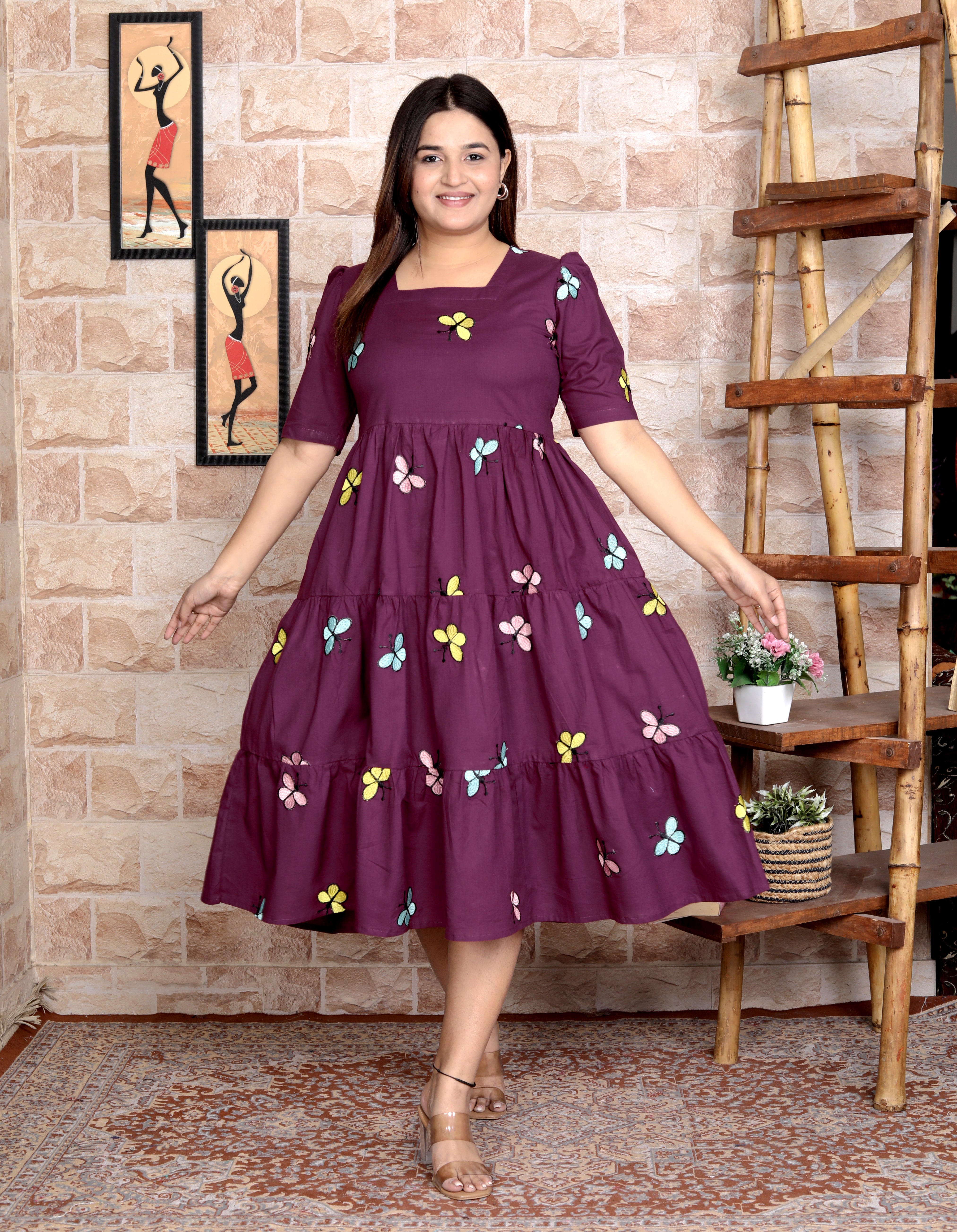 Women Cotton Emroidery Purple Middi Gown