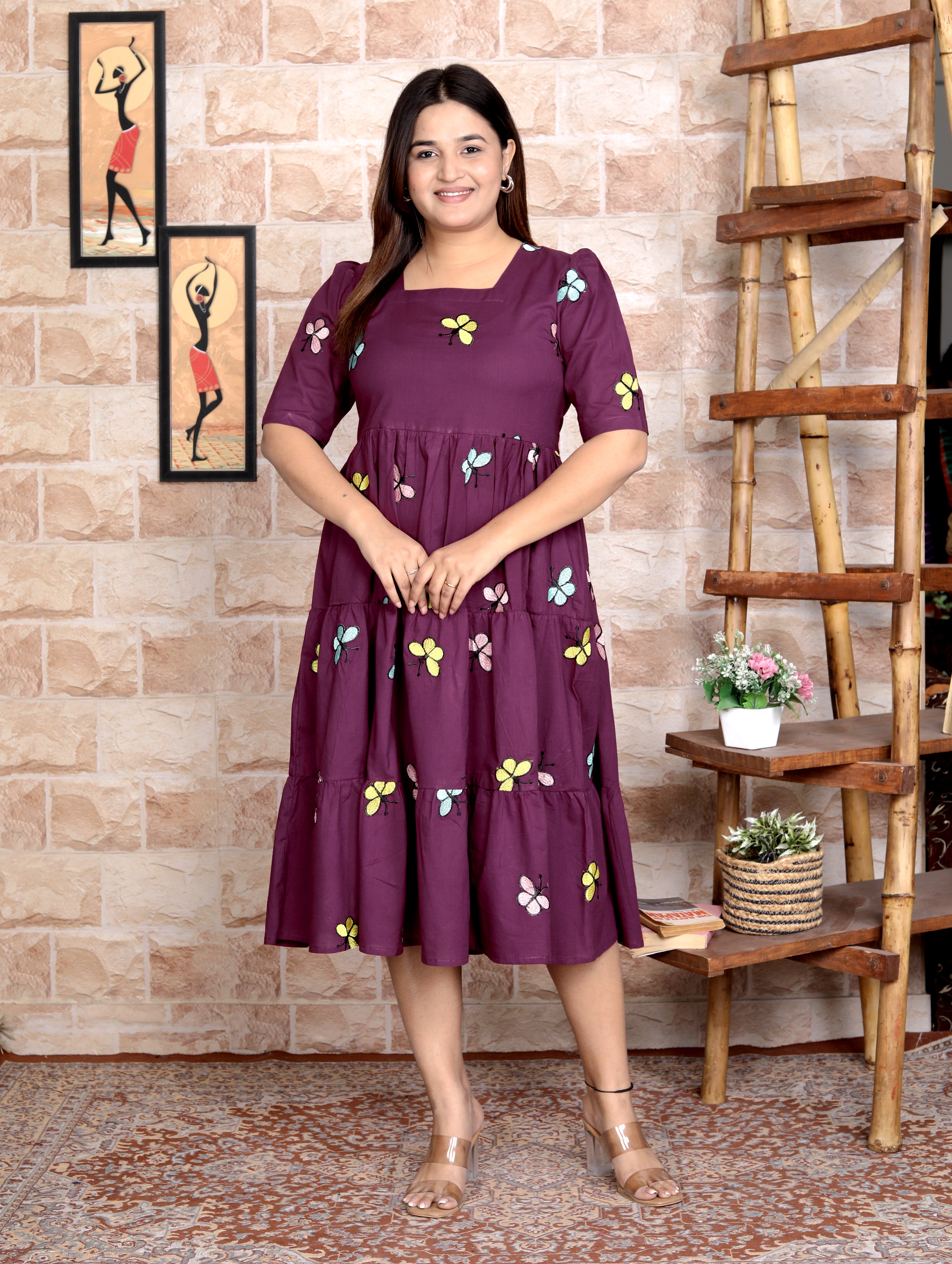 Women Cotton Emroidery Purple Middi Gown