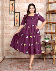 Women Cotton Emroidery Purple Middi Gown