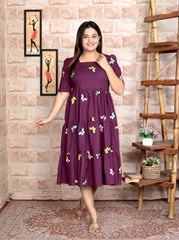 Women Cotton Emroidery Purple Middi Gown