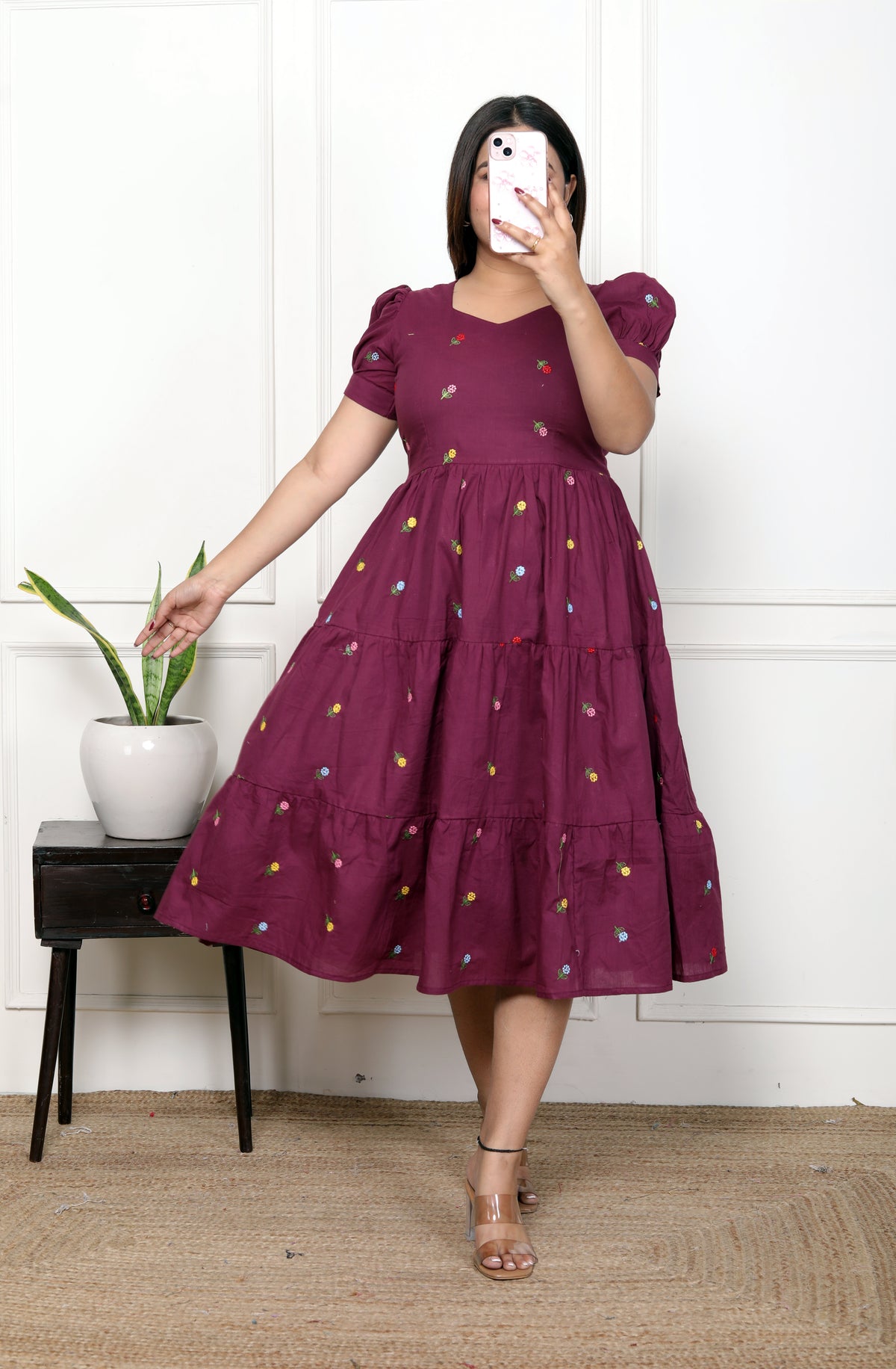 Women Cotton Wine Zenia embroidery Middi Gown