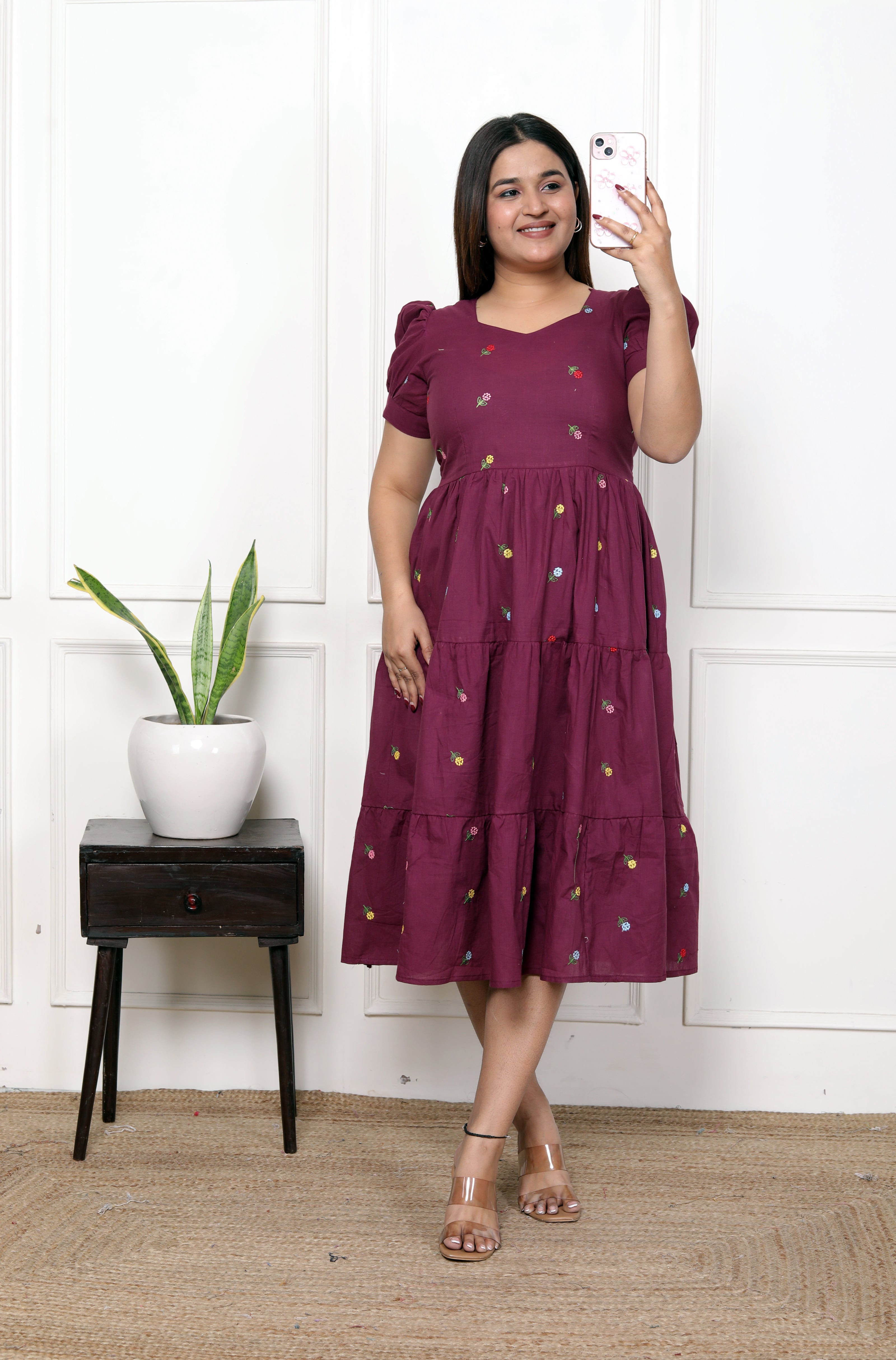 Women Cotton Wine Zenia embroidery Middi Gown