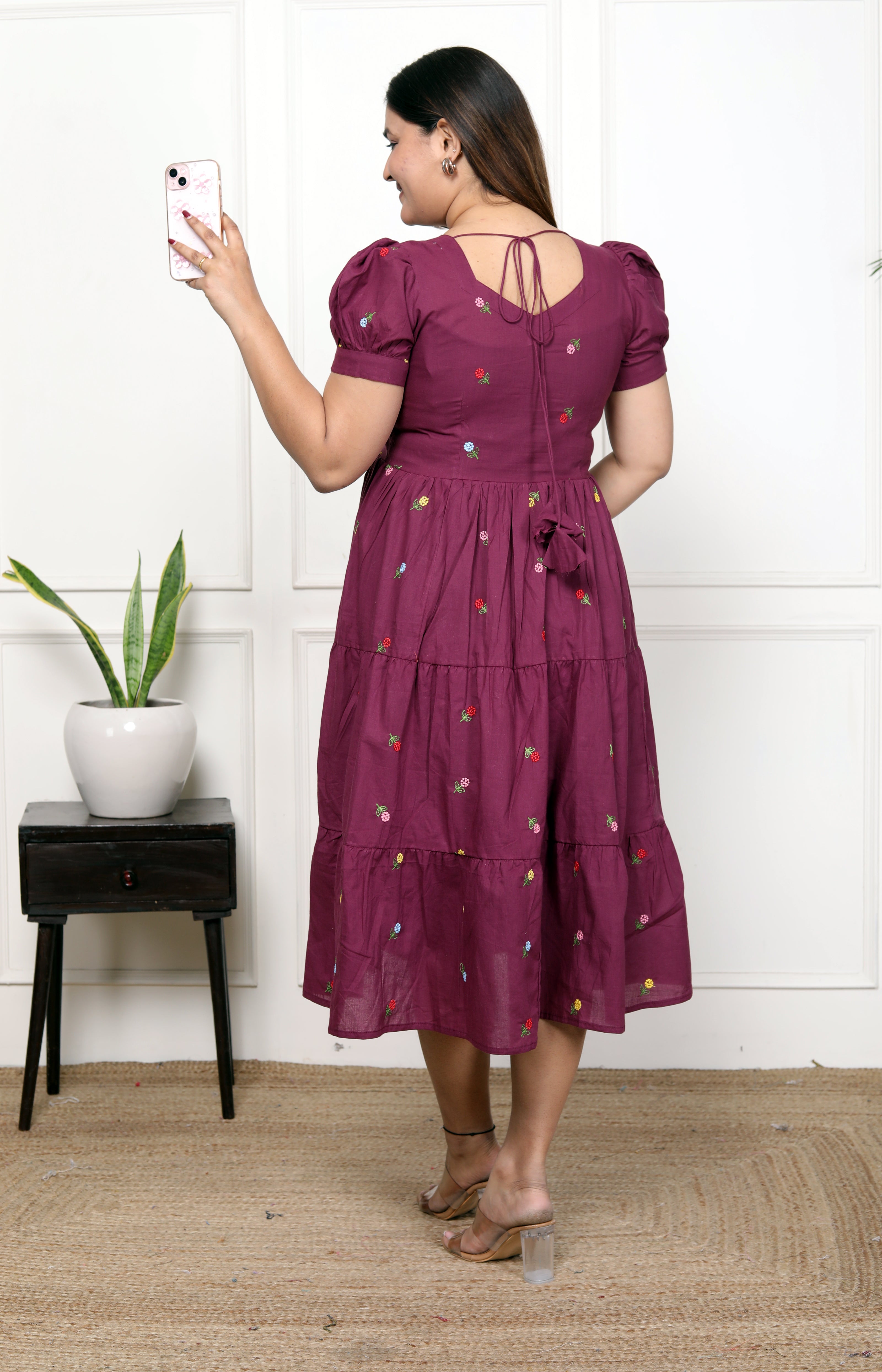 Women Cotton Wine Zenia embroidery Middi Gown