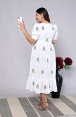 Women Cotton White Embroidery Teddy Bear Middi Gown