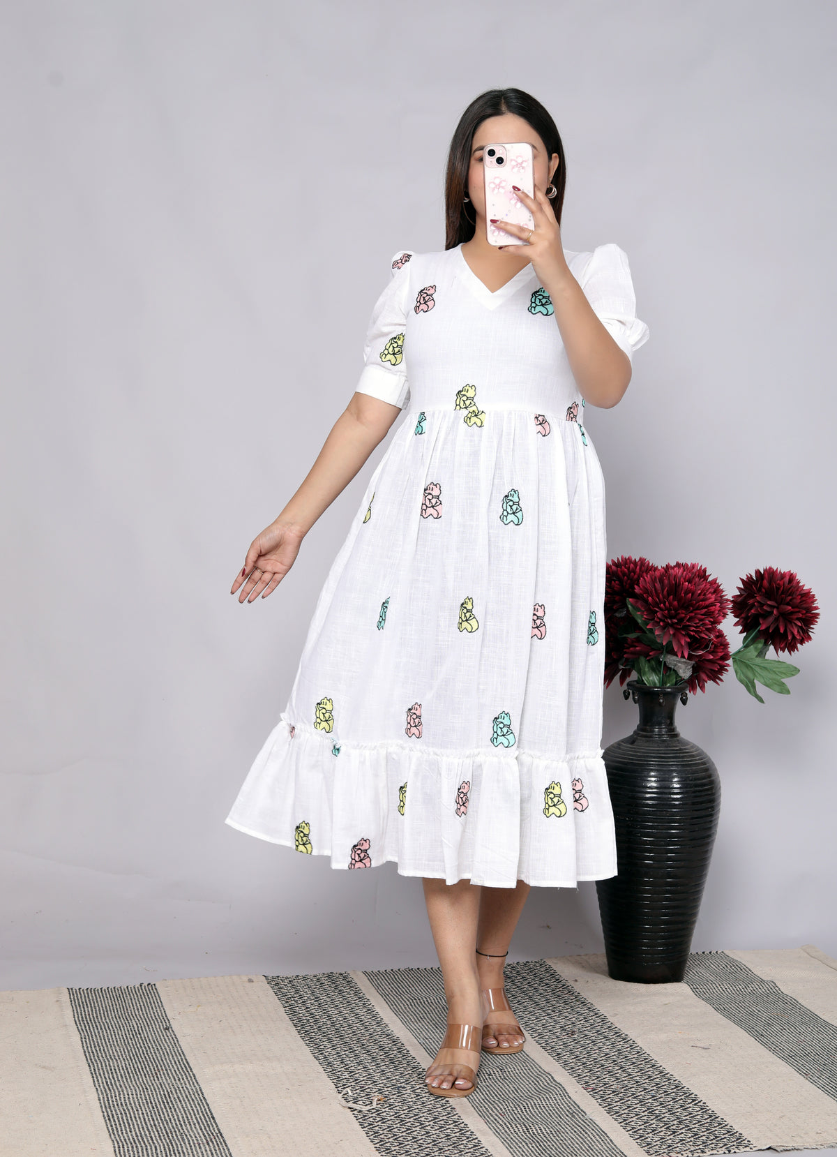 Women Cotton White Embroidery Teddy Bear Middi Gown