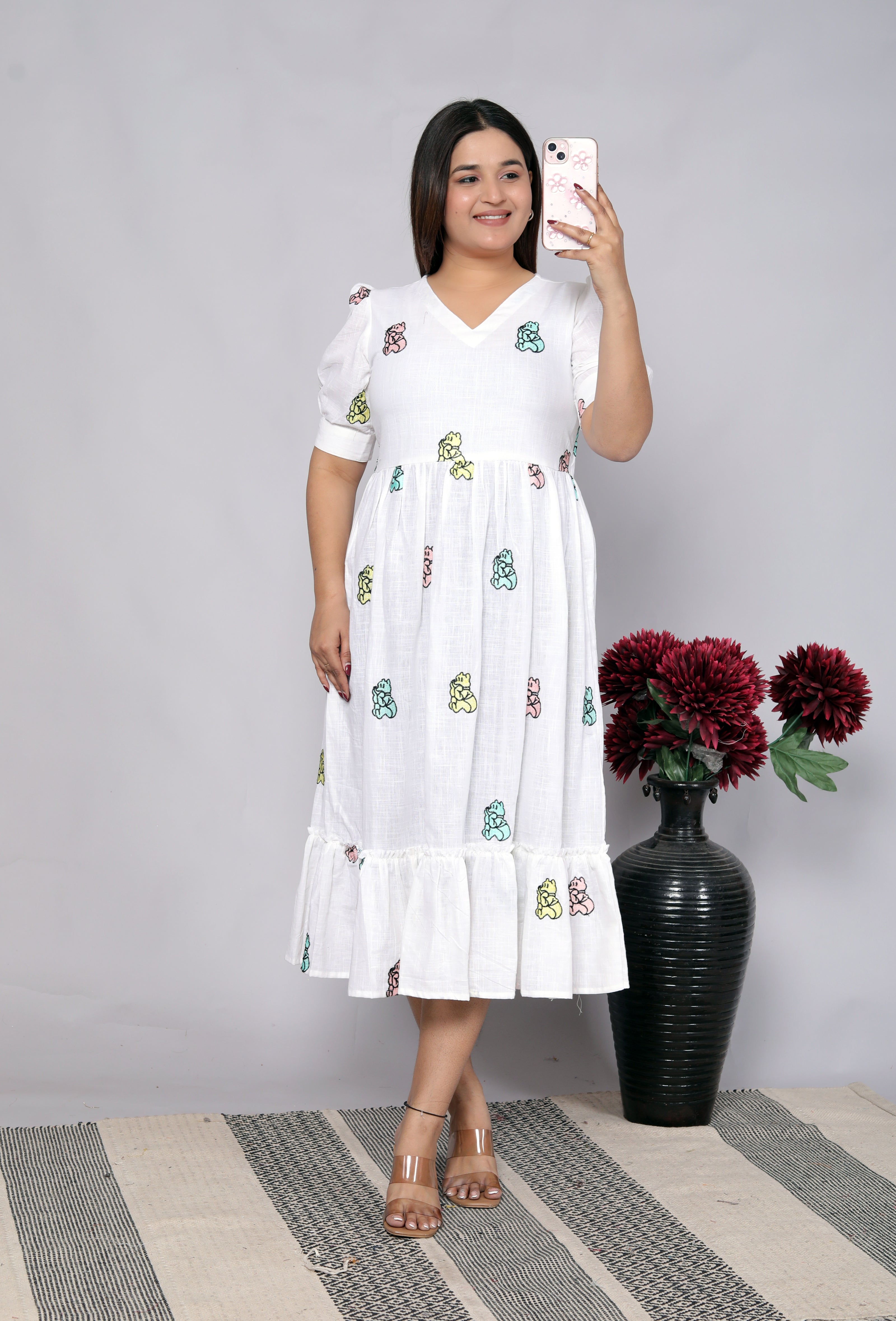 Women Cotton White Embroidery Teddy Bear Middi Gown