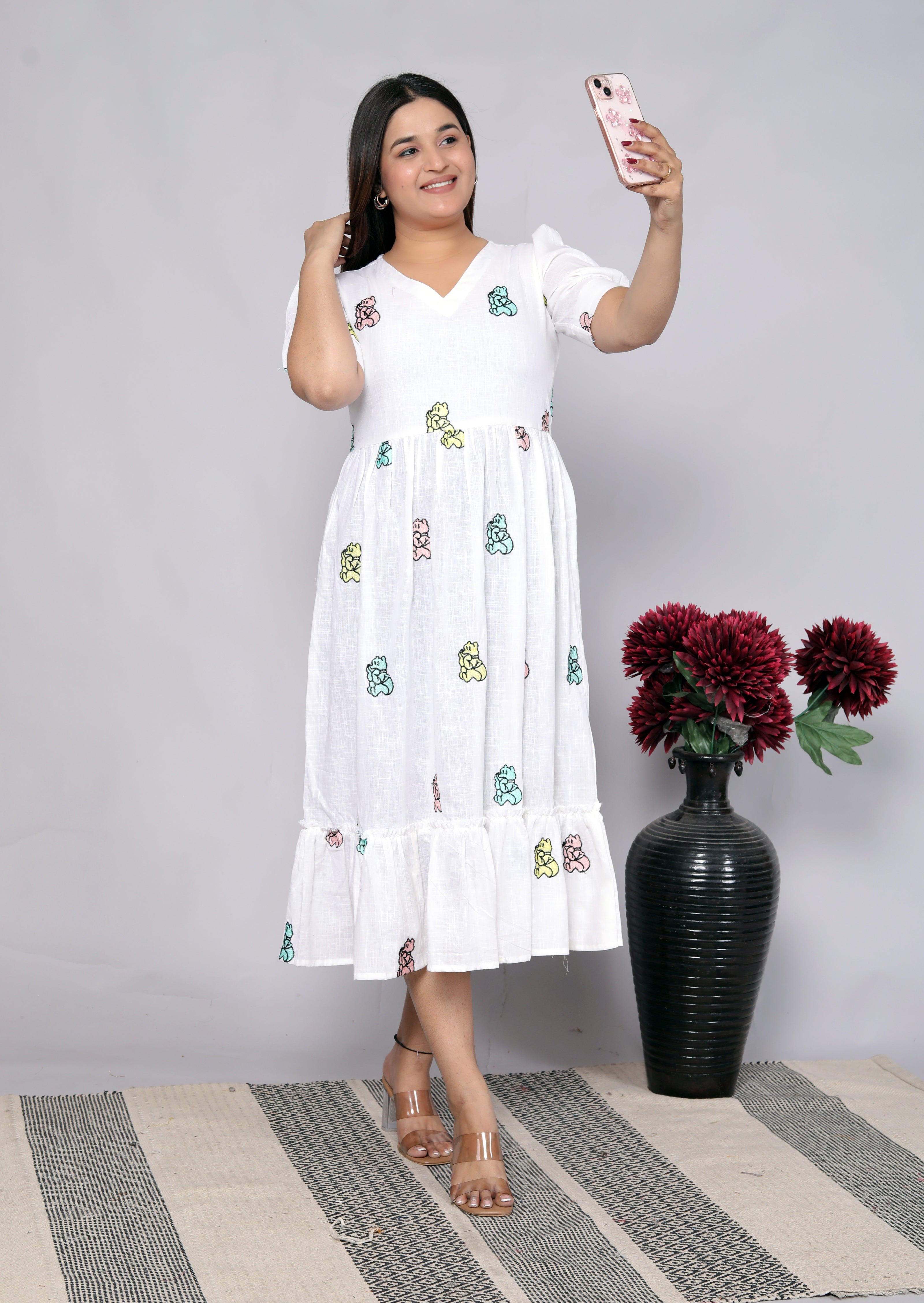 Women Cotton White Embroidery Teddy Bear Middi Gown