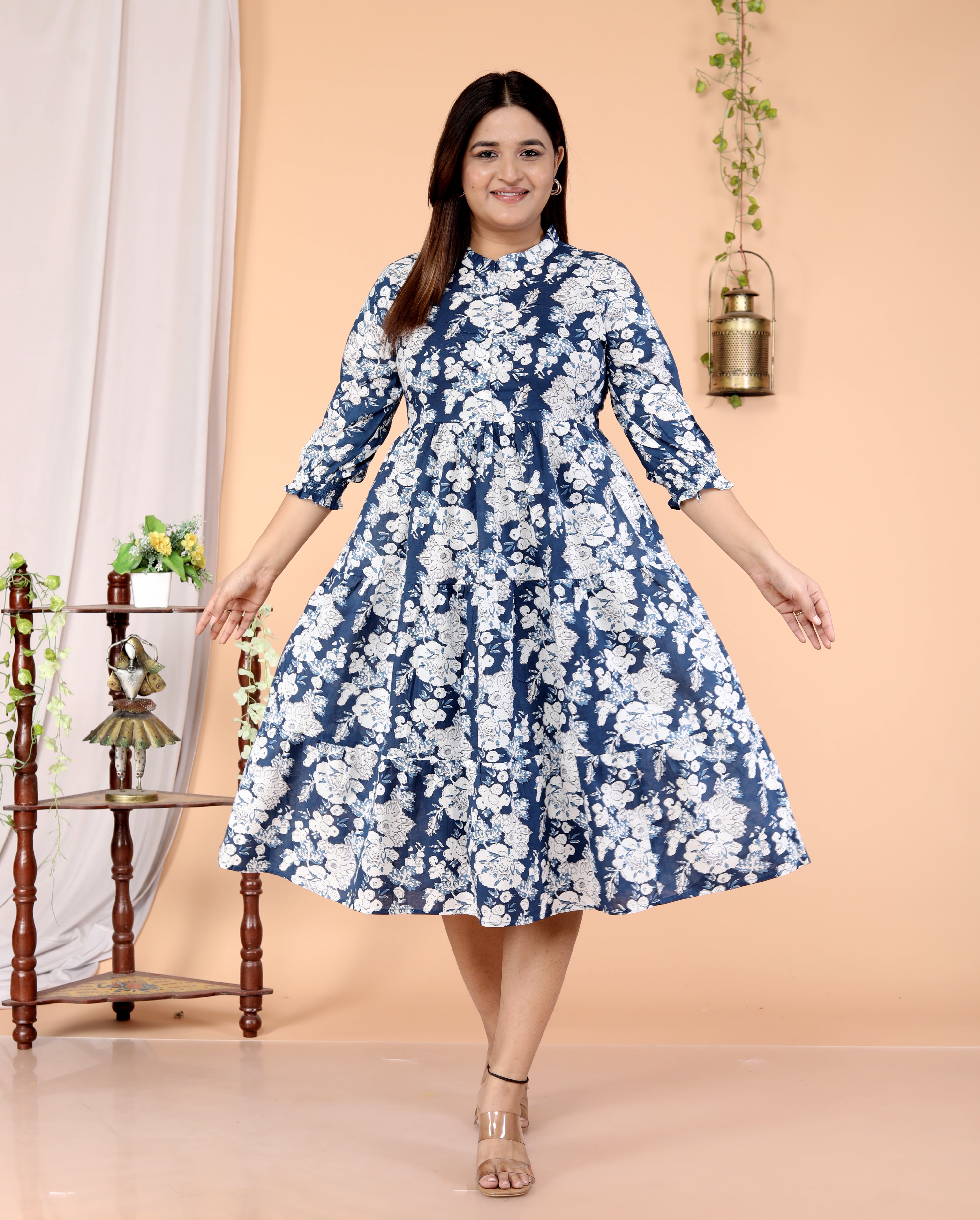 Women Floral Cotton Blue Middi Gown