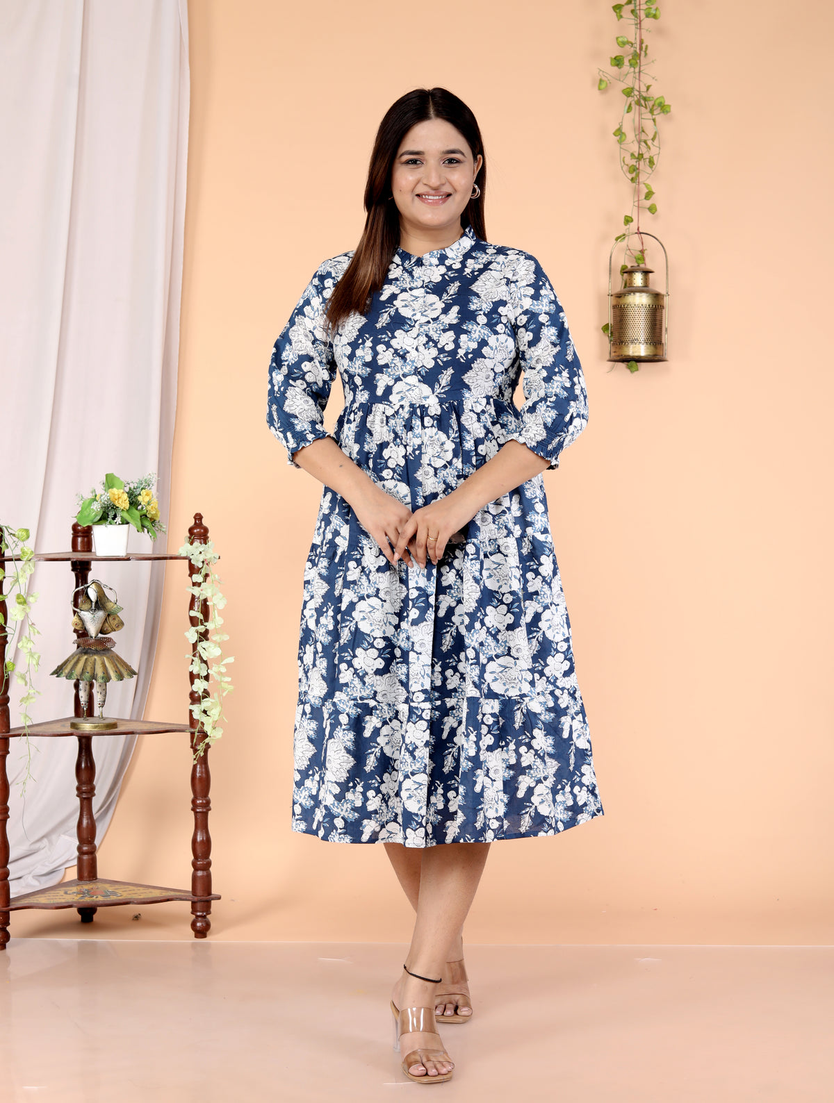 Women Floral Cotton Blue Middi Gown