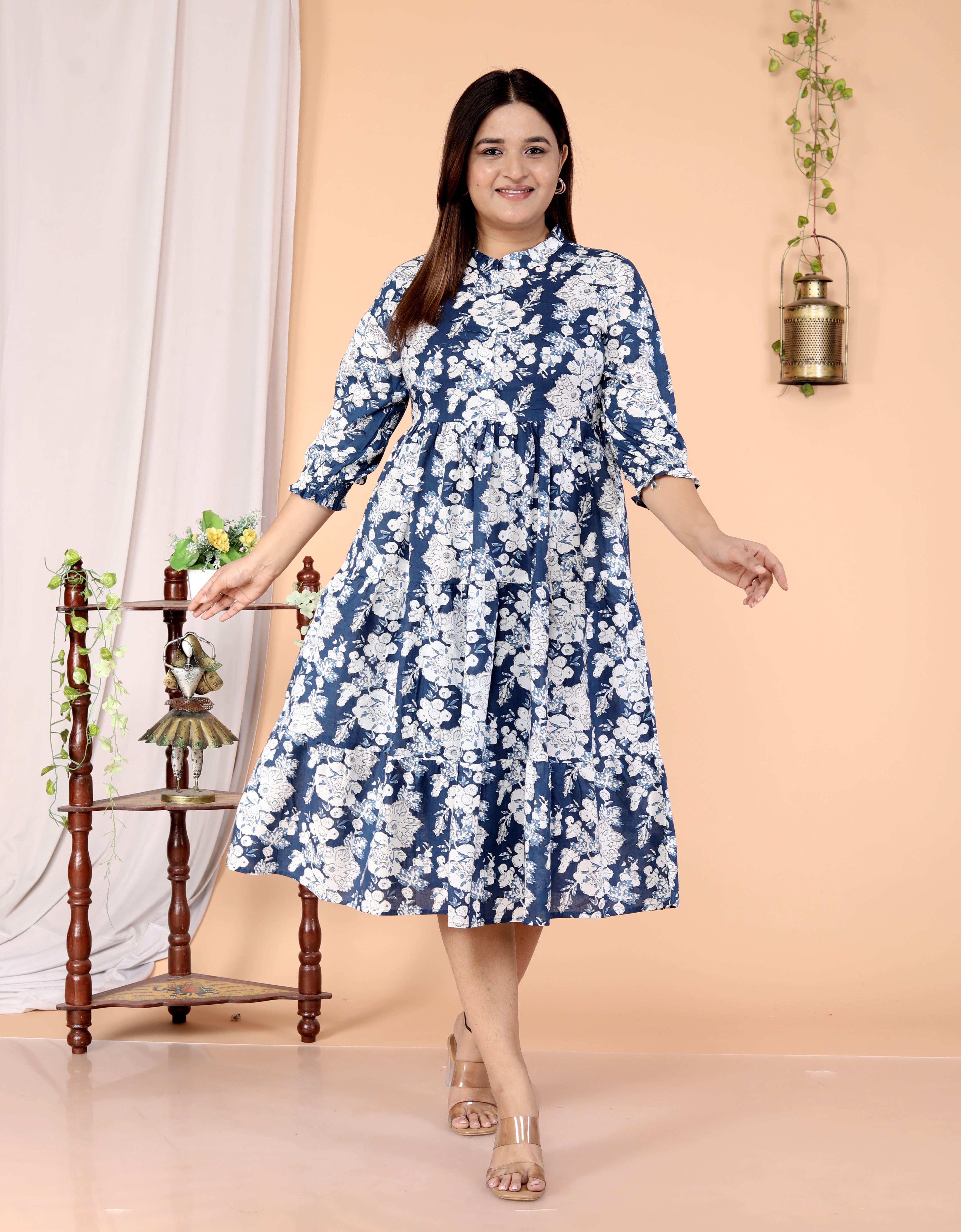 Women Floral Cotton Blue Middi Gown