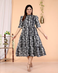 Women Shibori Black Cotton Middi Gown