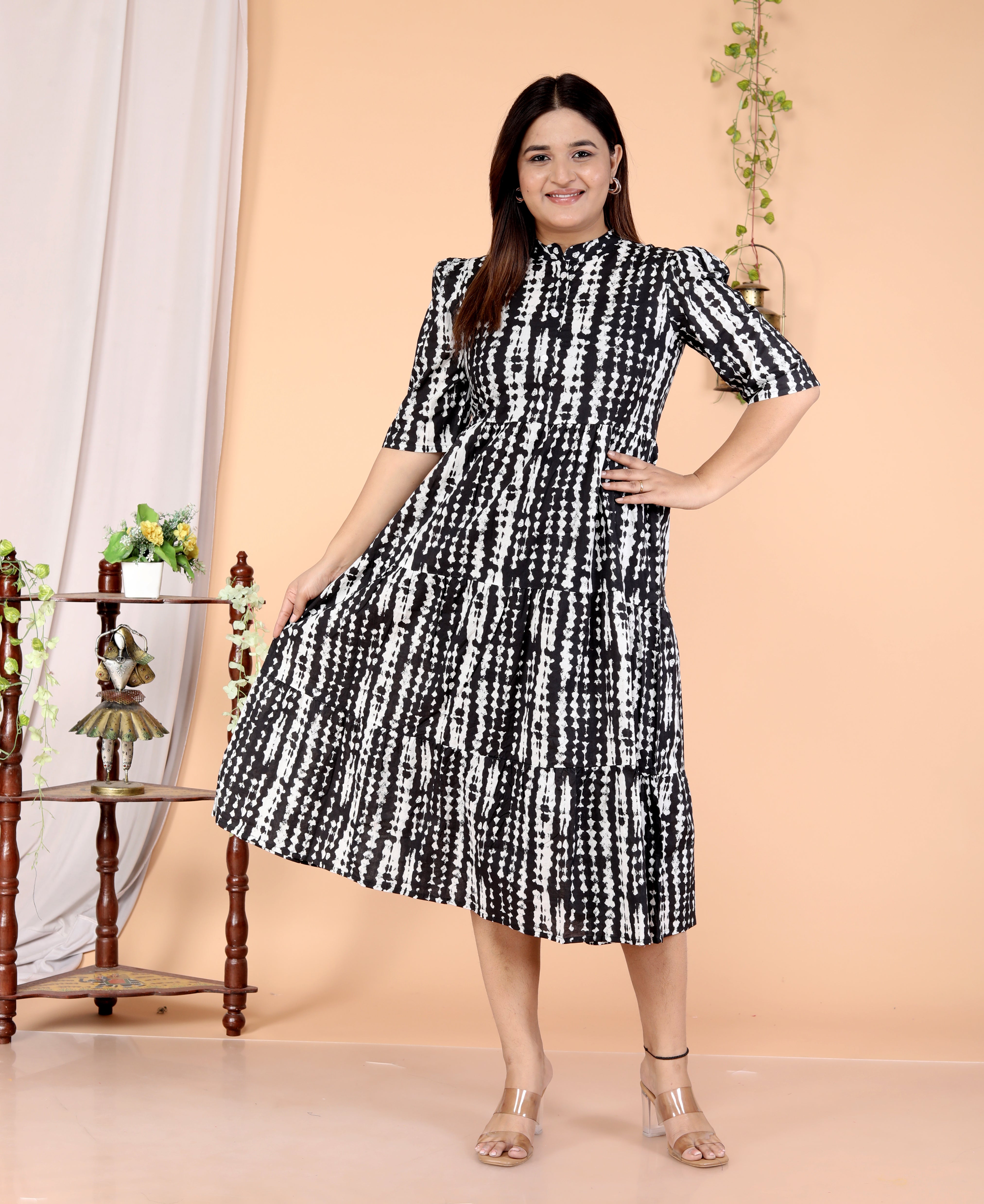 Women Shibori Black Cotton Middi Gown