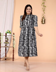 Women Shibori Black Cotton Middi Gown