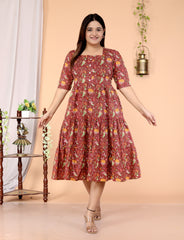 Women Brown Cotton Middi Gown