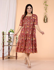 Women Brown Cotton Middi Gown