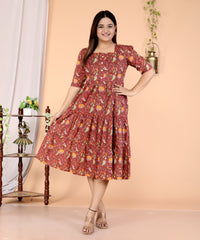 Women Brown Cotton Middi Gown