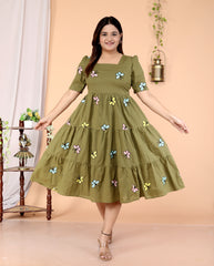 Women Dark Green Butterfly Cotton Middi Gown