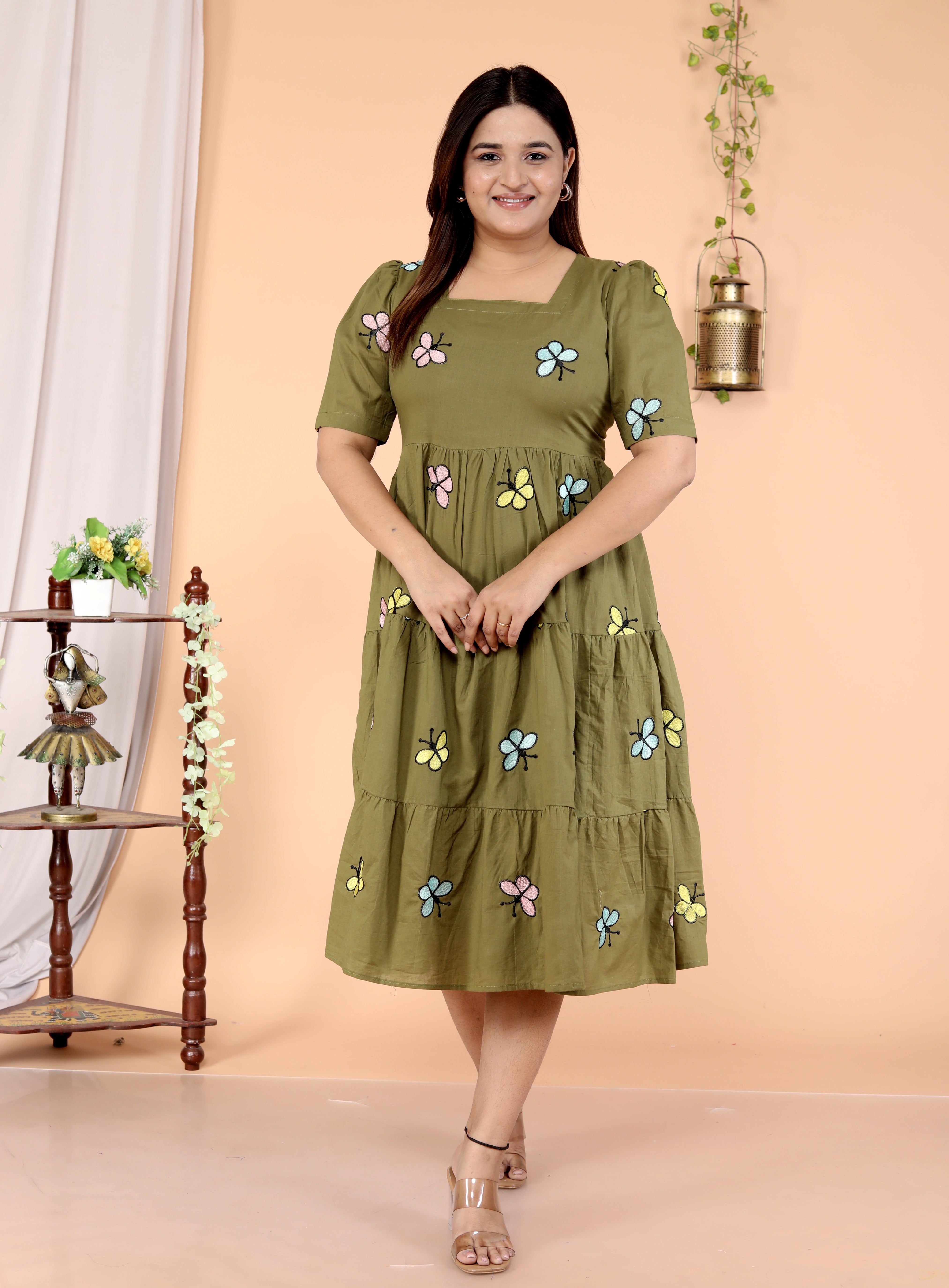 Women Dark Green Butterfly Cotton Middi Gown