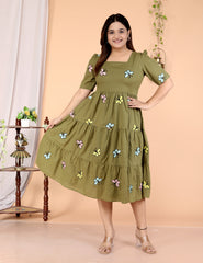 Women Dark Green Butterfly Cotton Middi Gown