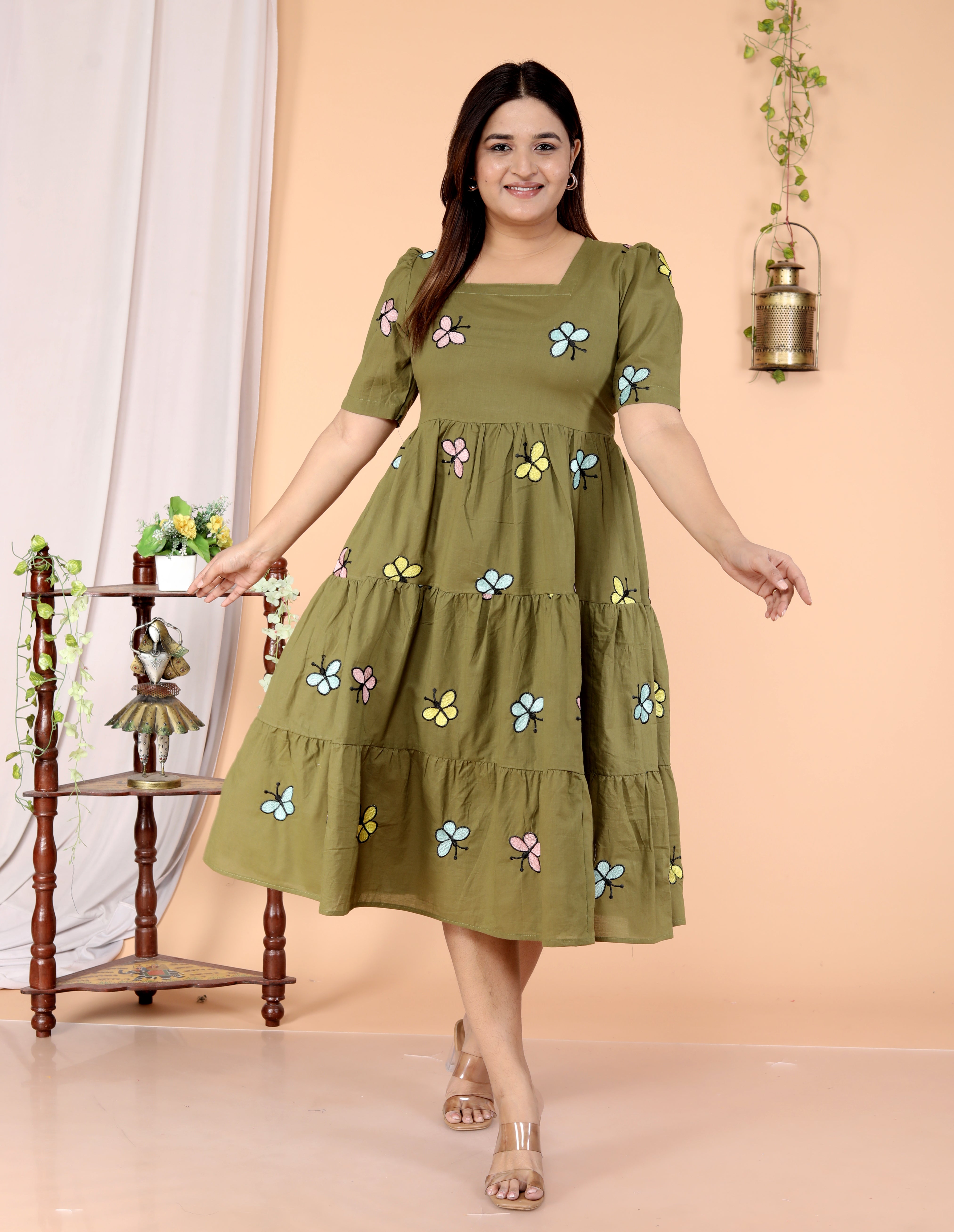 Women Dark Green Butterfly Cotton Middi Gown