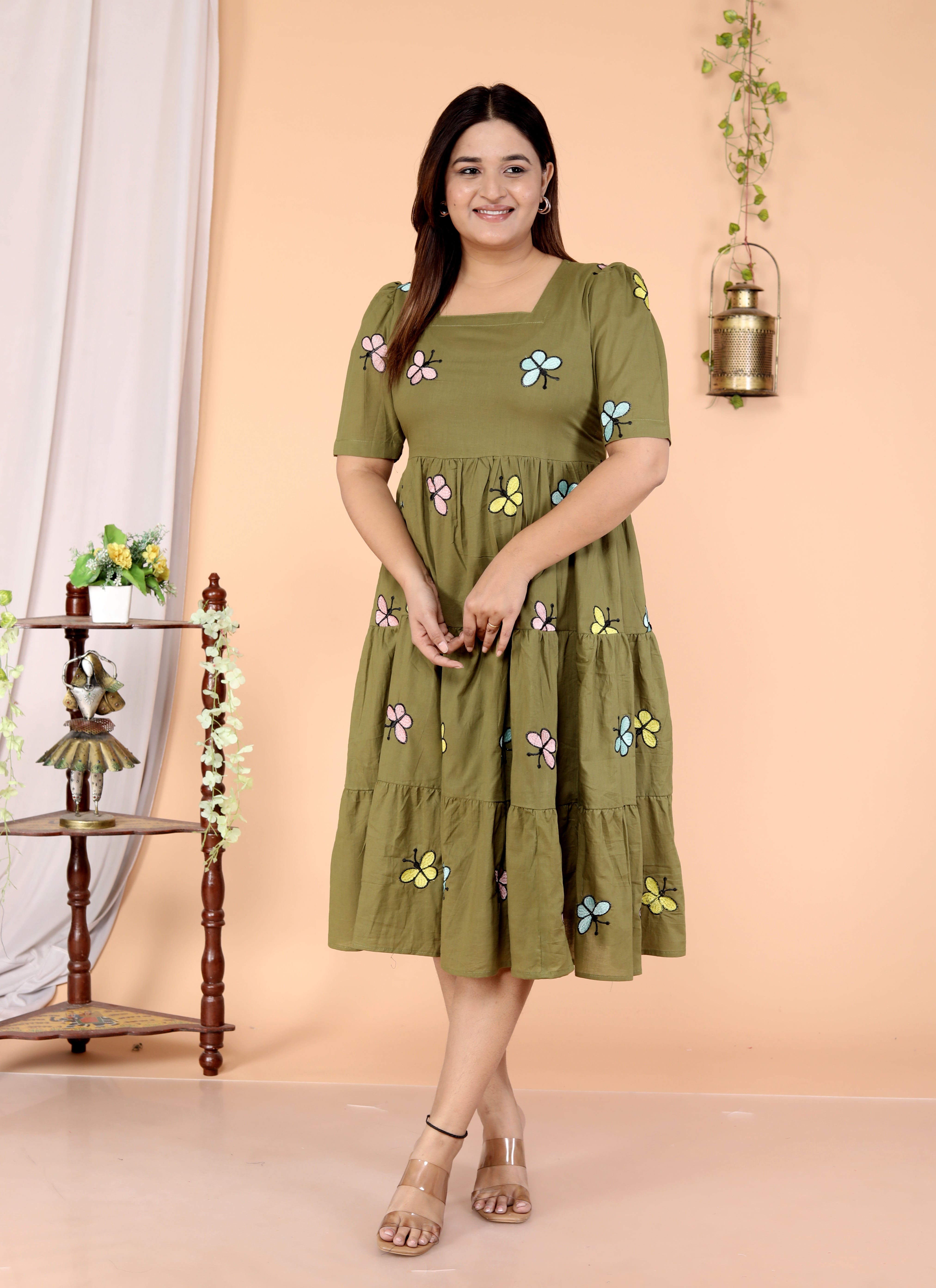 Women Dark Green Butterfly Cotton Middi Gown