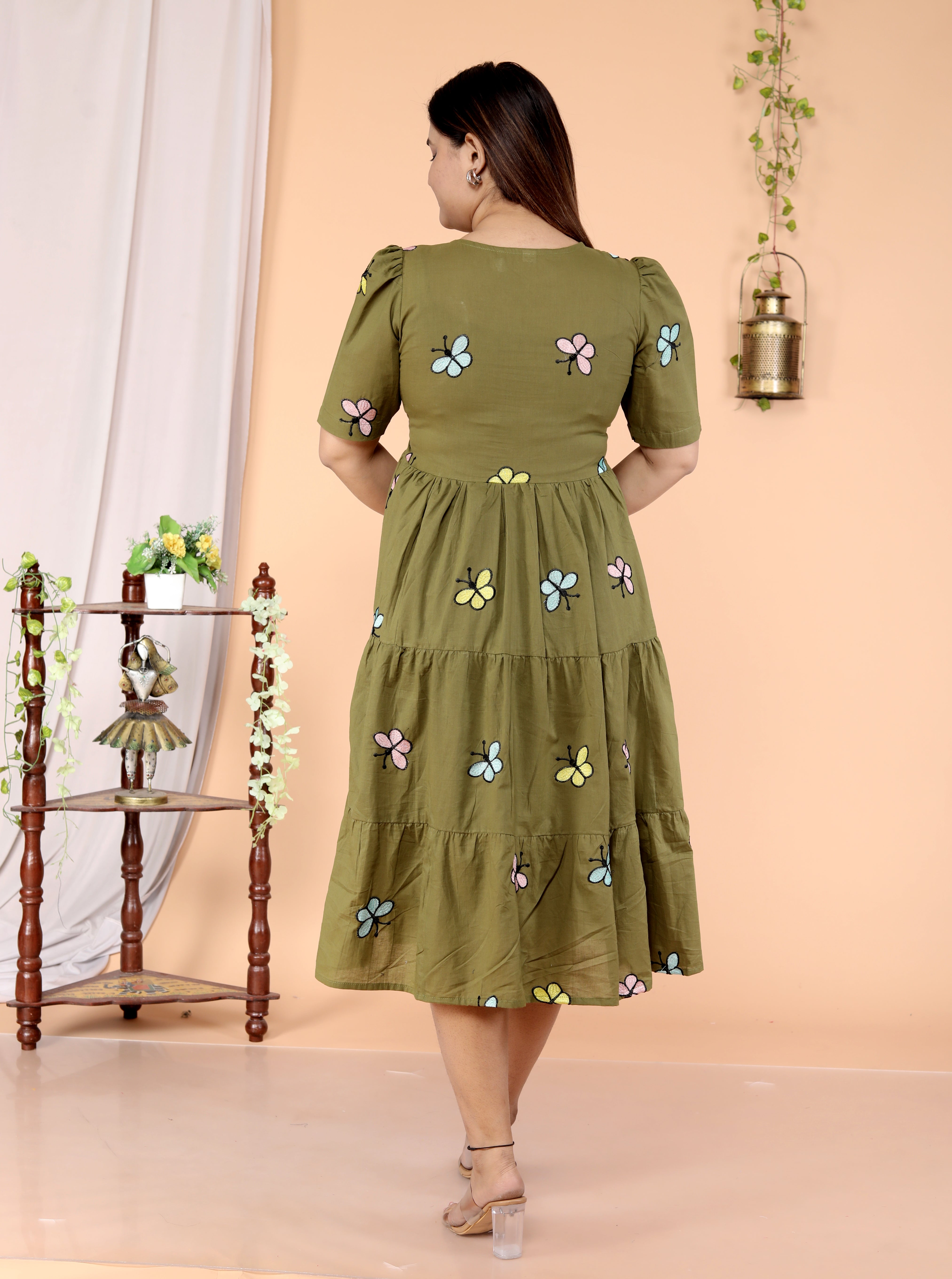 Women Dark Green Butterfly Cotton Middi Gown