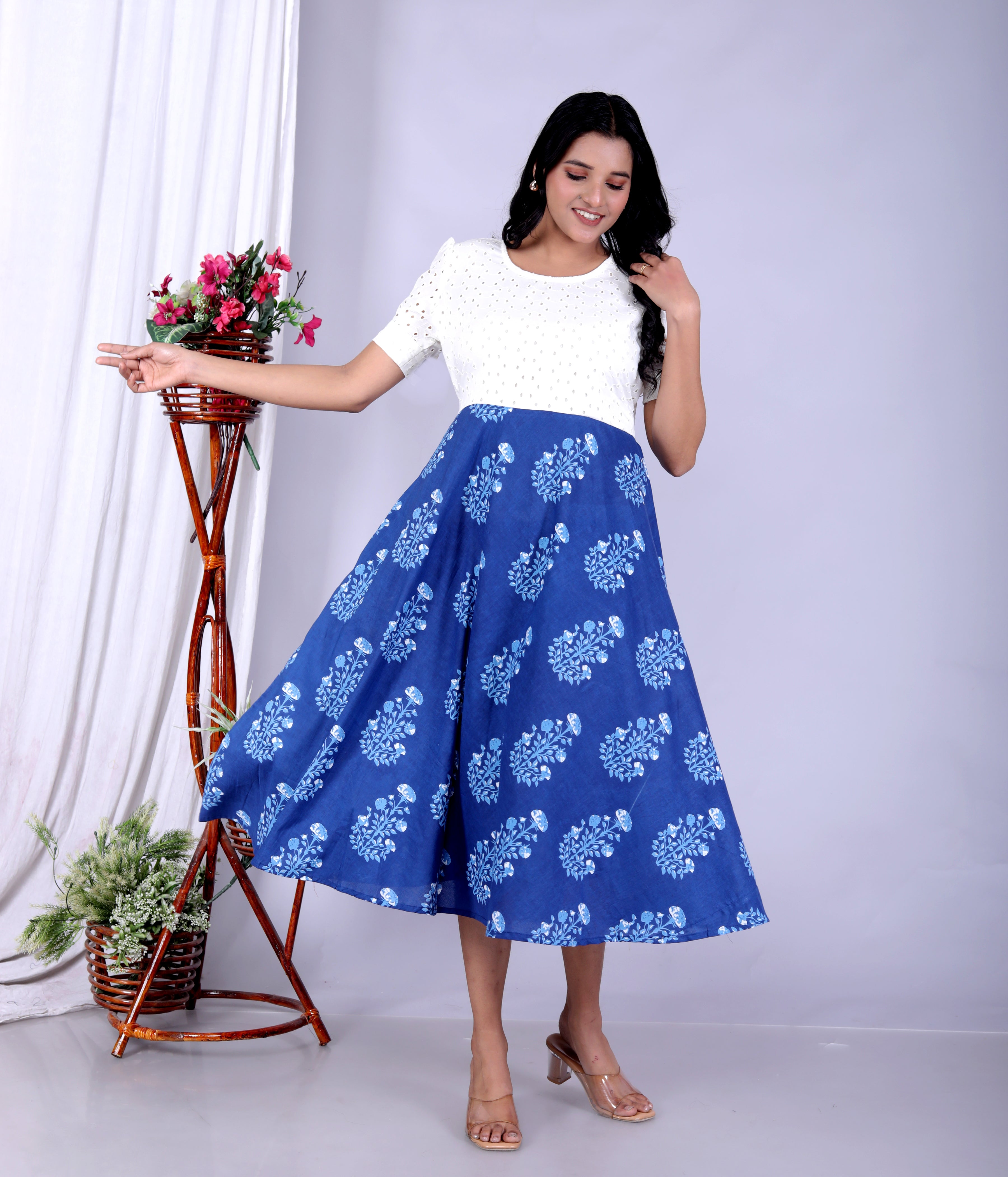 Women Schifli Big Blue Cotton Middi Gown