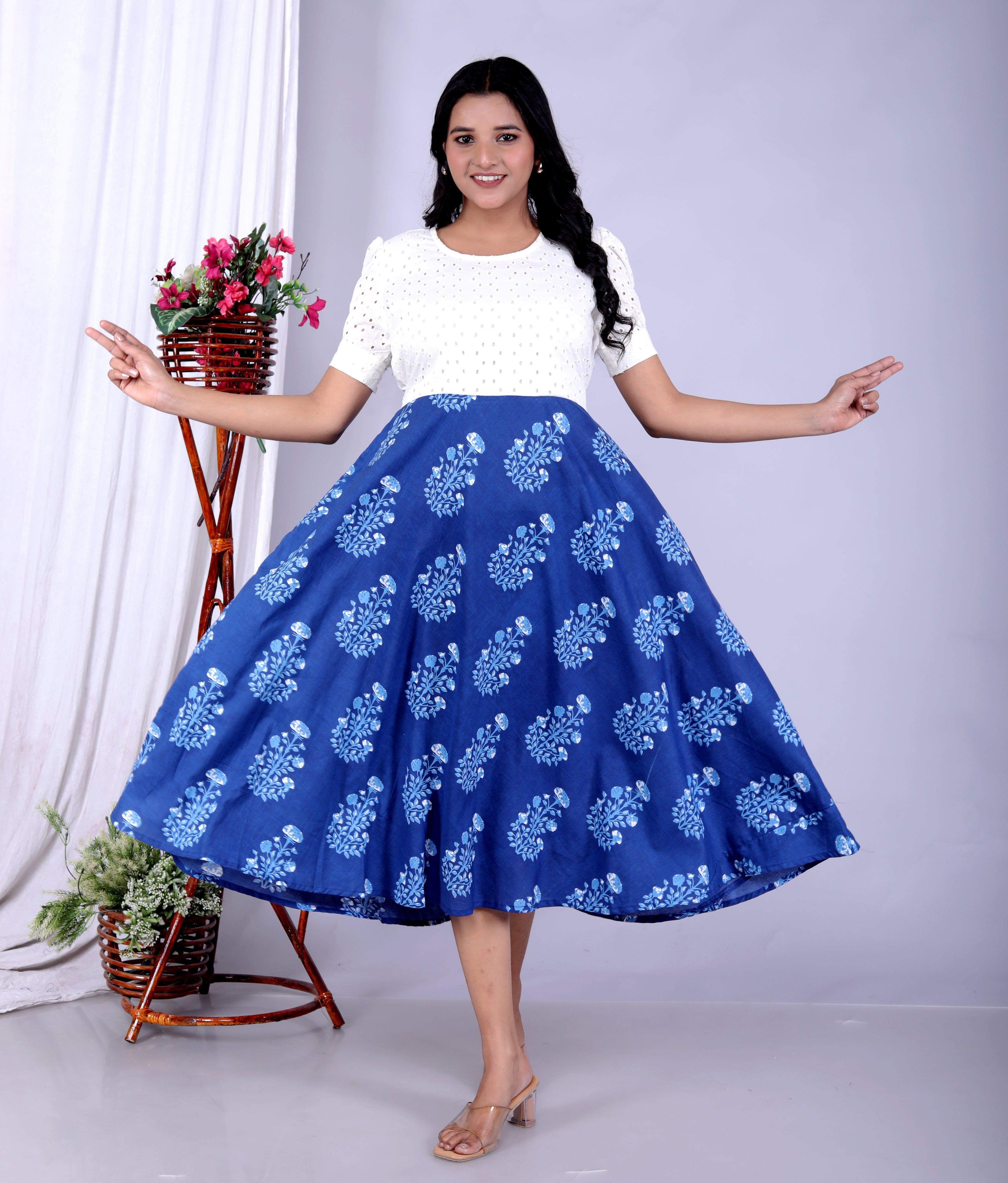 Women Schifli Big Blue Cotton Middi Gown