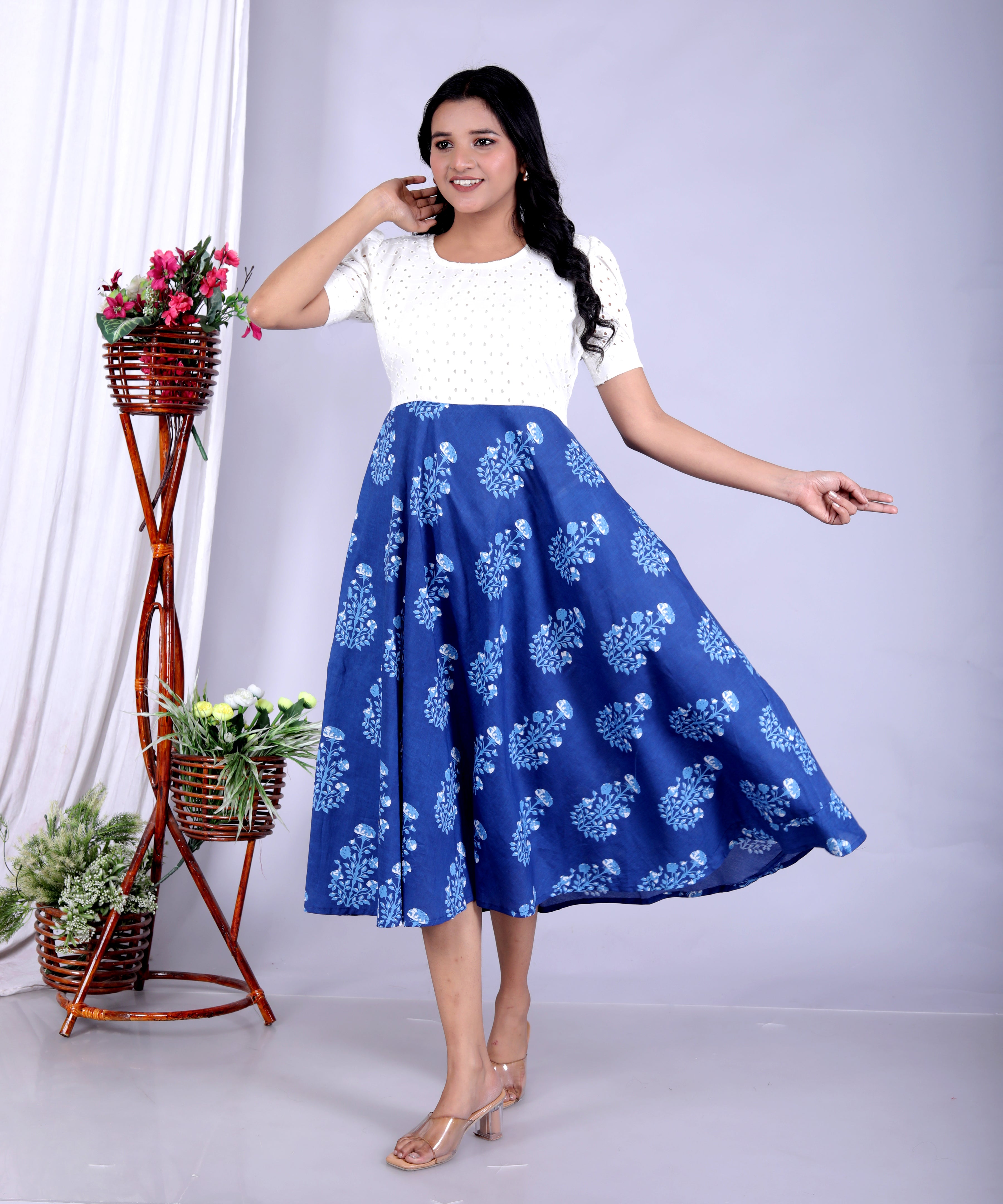 Women Schifli Big Blue Cotton Middi Gown