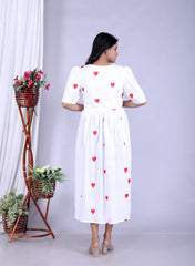 Women Fascinating Cotton Embroidery Red Heart Middi Gown