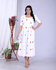 Women Fascinating Cotton Embroidery Red Heart Middi Gown