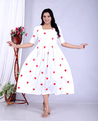 Women Fascinating Cotton Embroidery Red Heart Middi Gown