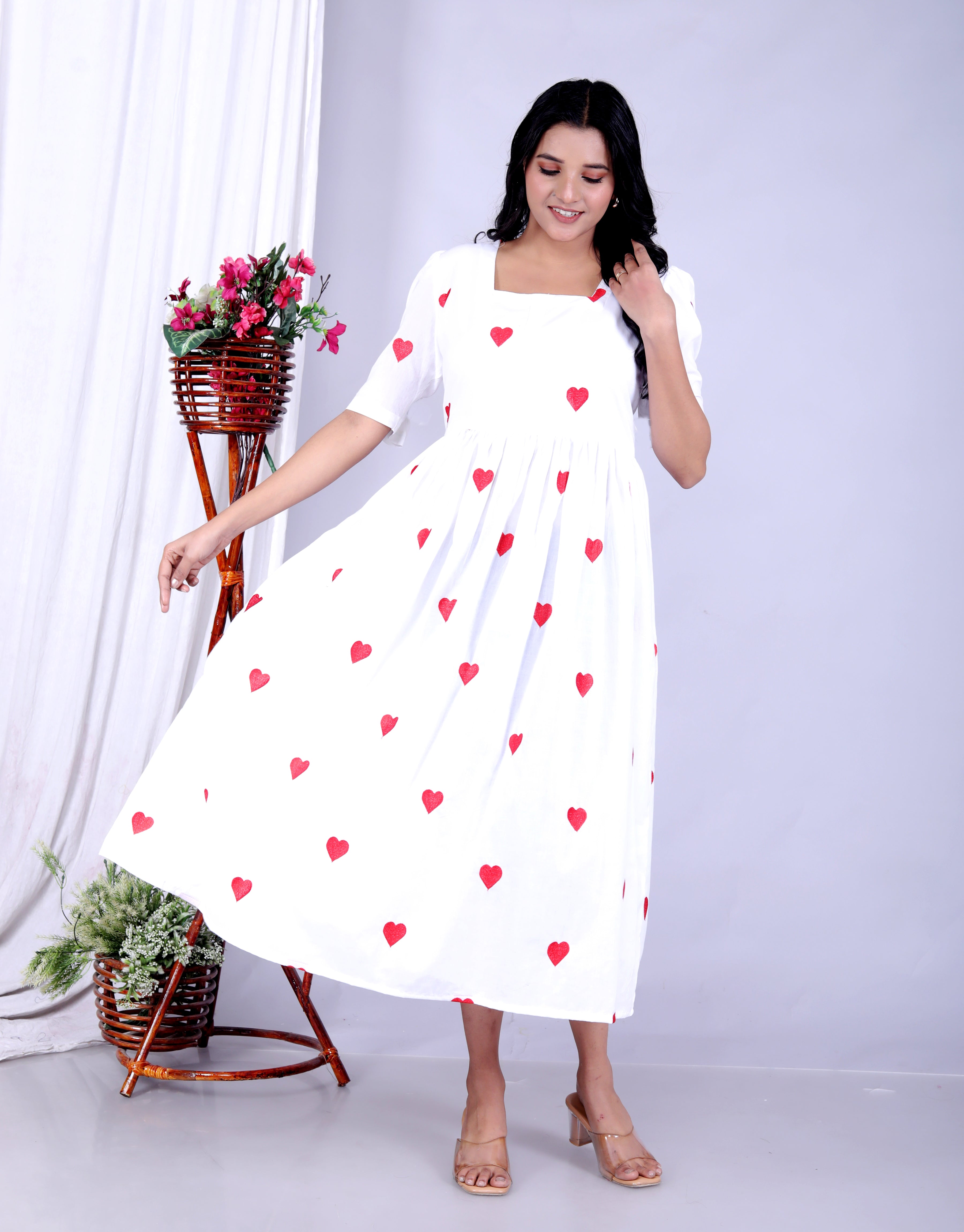 Women Fascinating Cotton Embroidery Red Heart Middi Gown