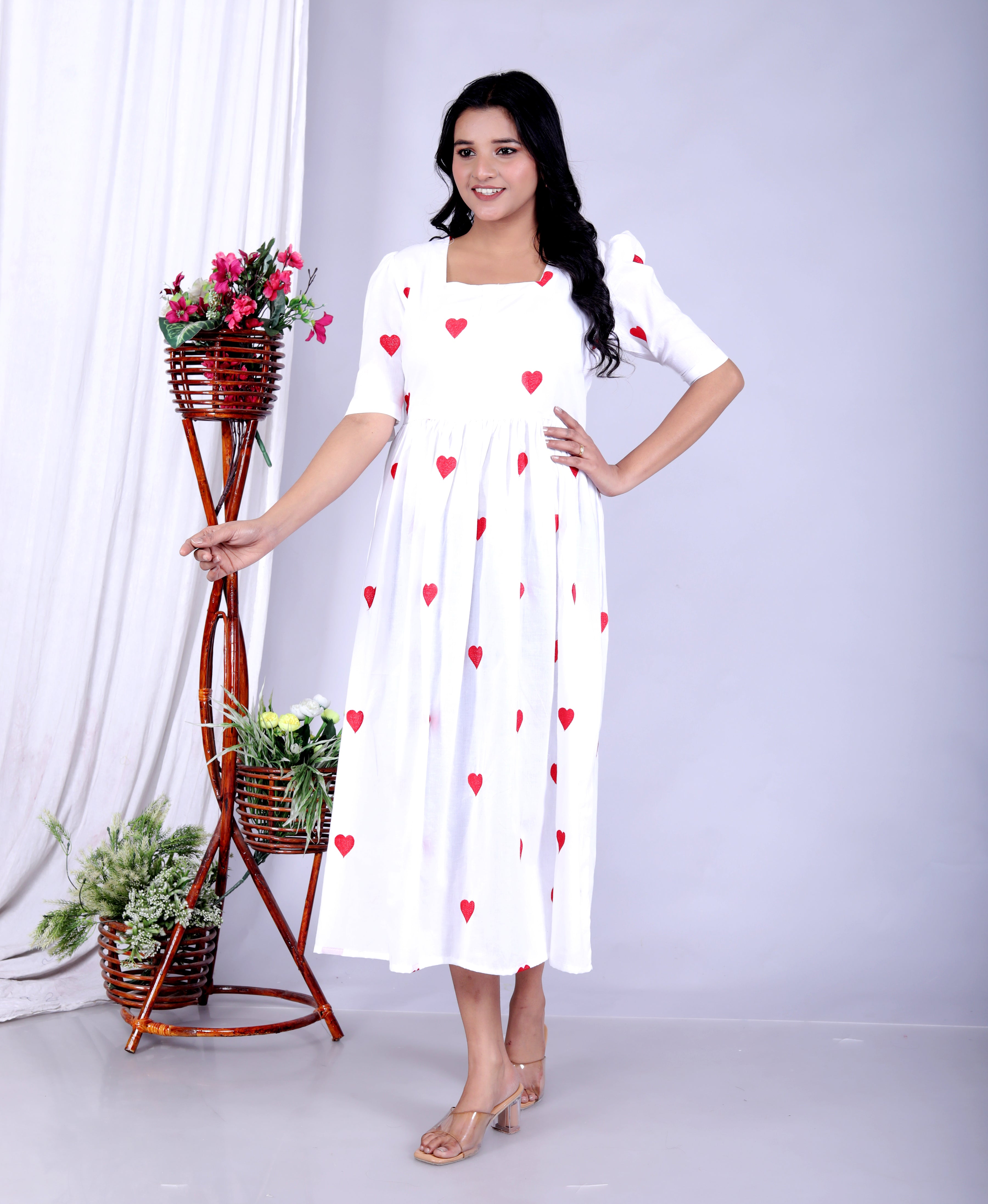 Women Fascinating Cotton Embroidery Red Heart Middi Gown