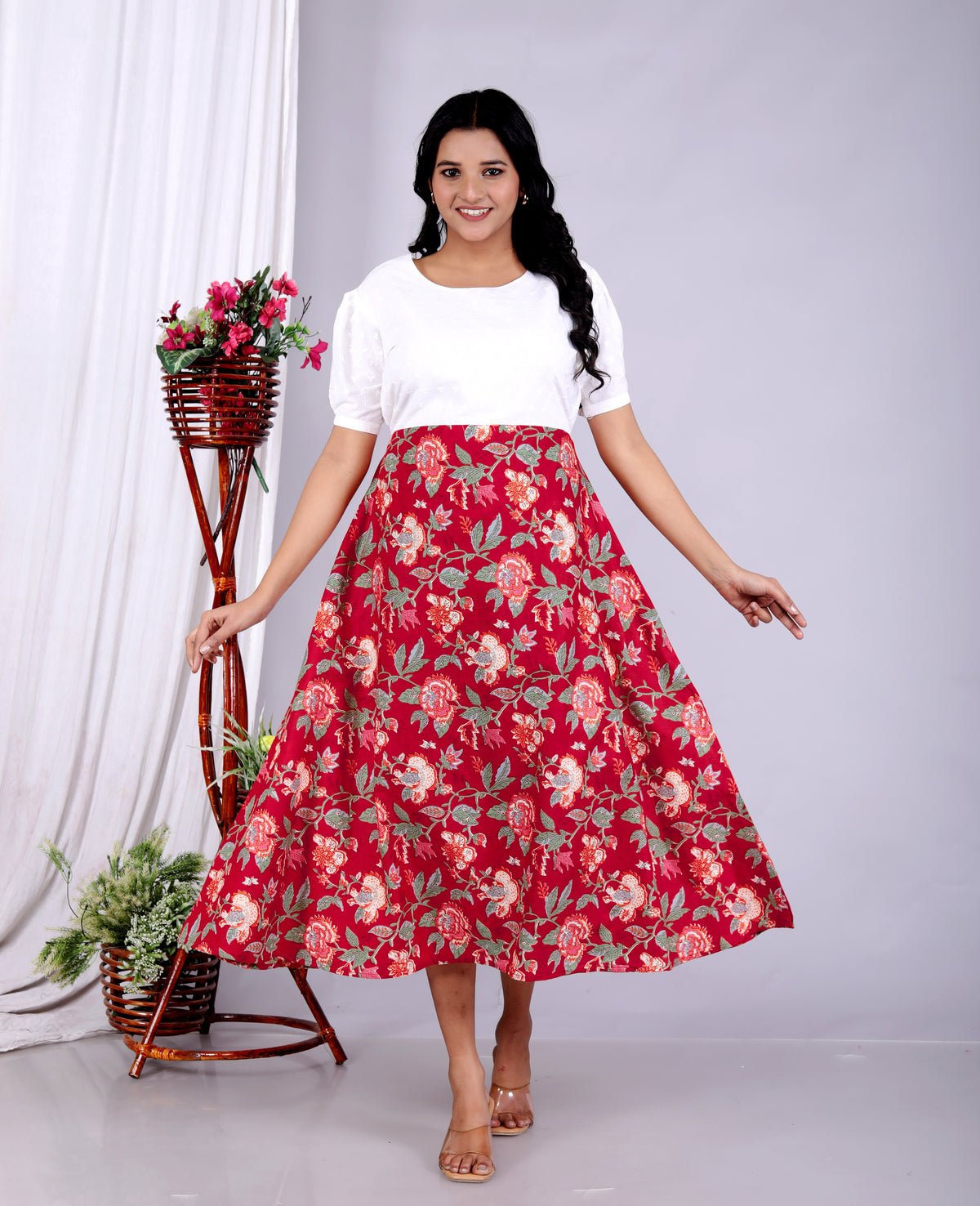 Women Schifli Red Multicolor Cotton Middi Gown