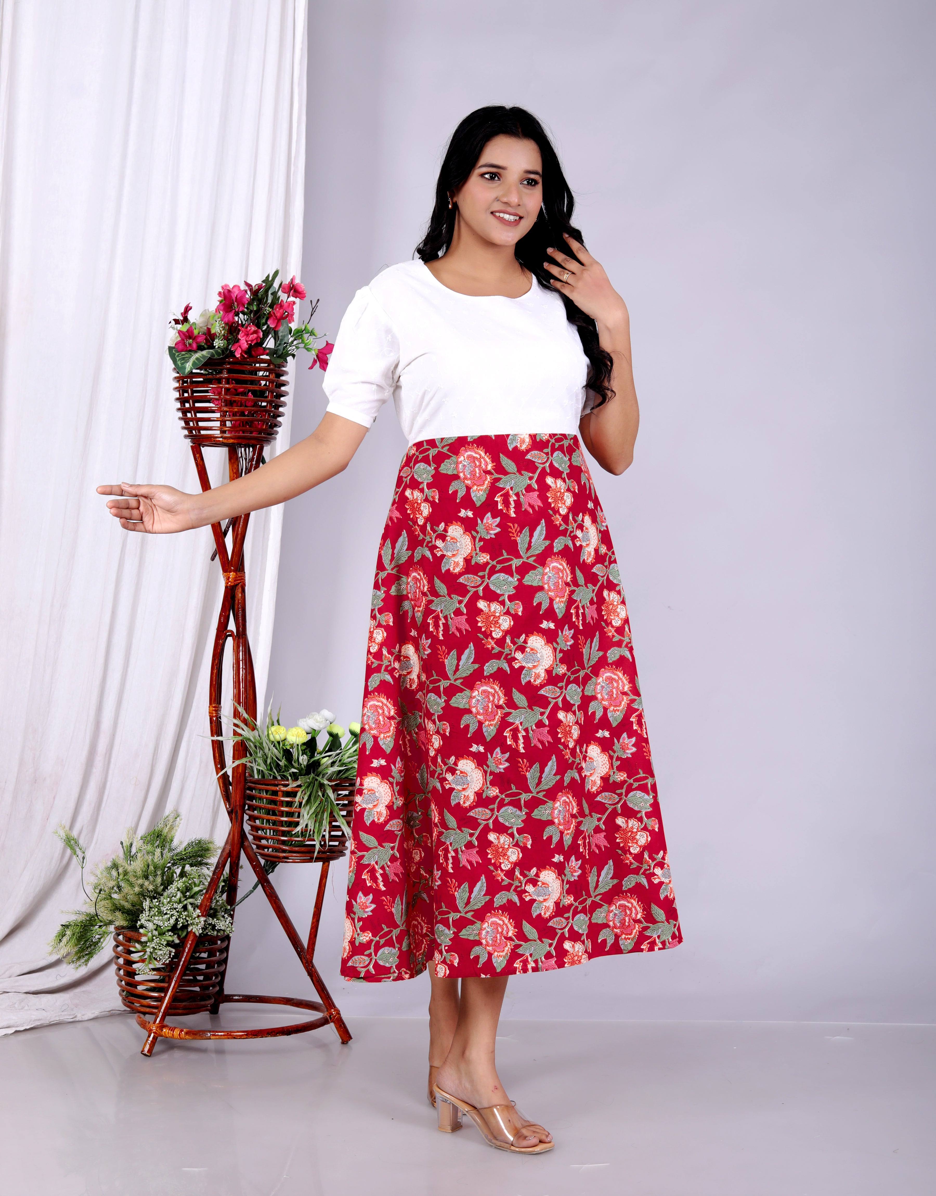 Women Schifli Red Multicolor Cotton Middi Gown