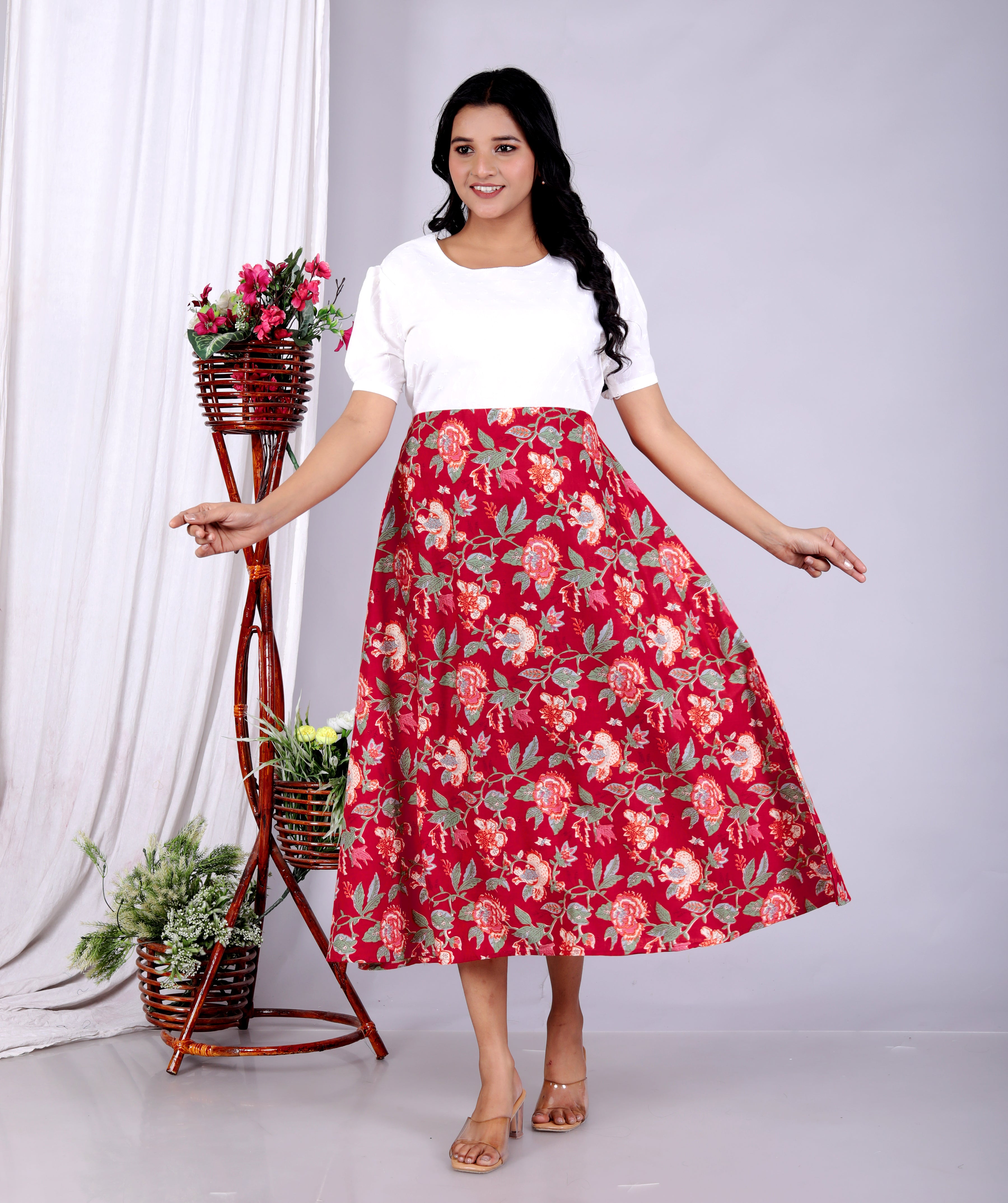 Women Schifli Red Multicolor Cotton Middi Gown