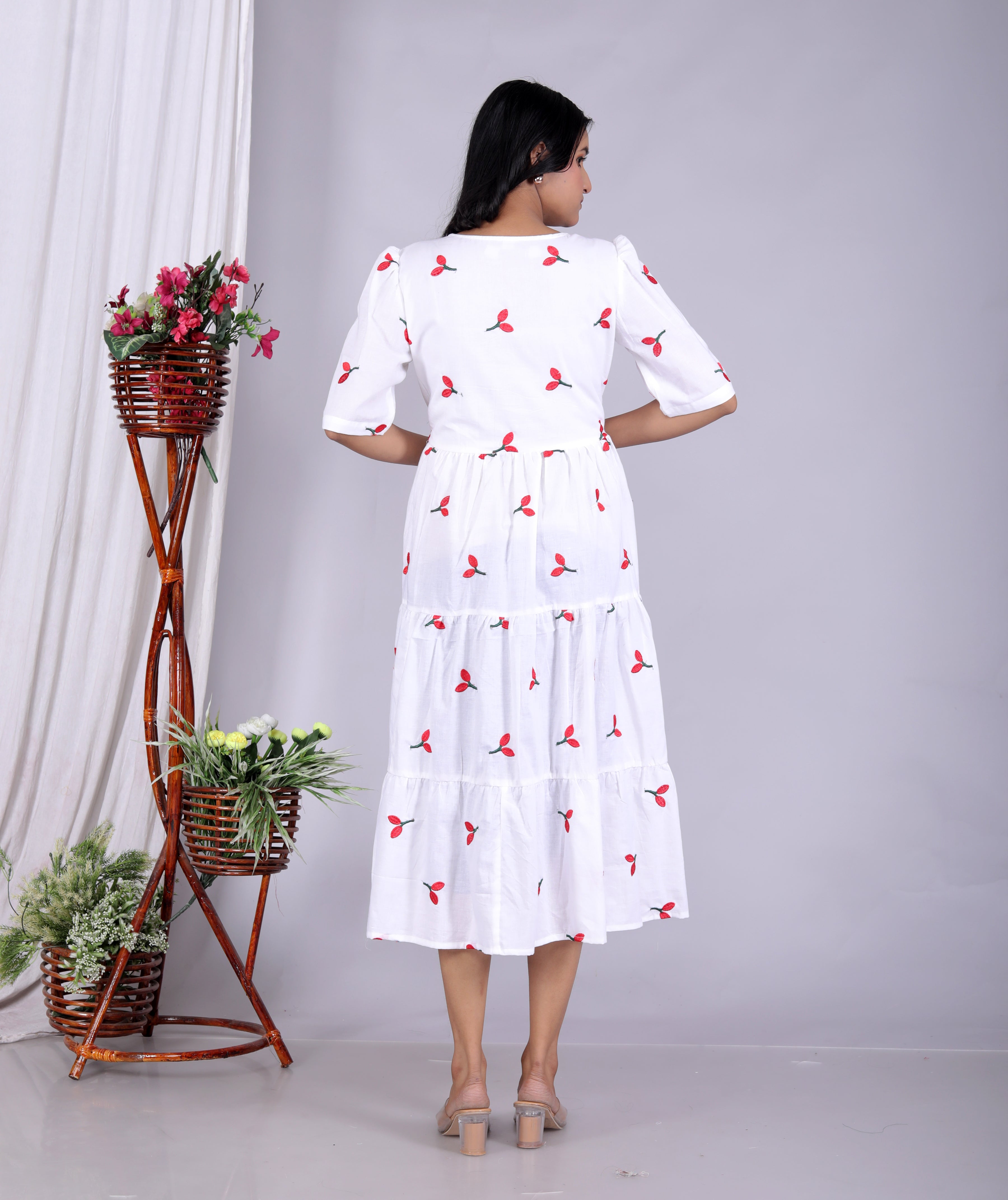 Women Cotton Embroidery Red Cherry Middi Gown