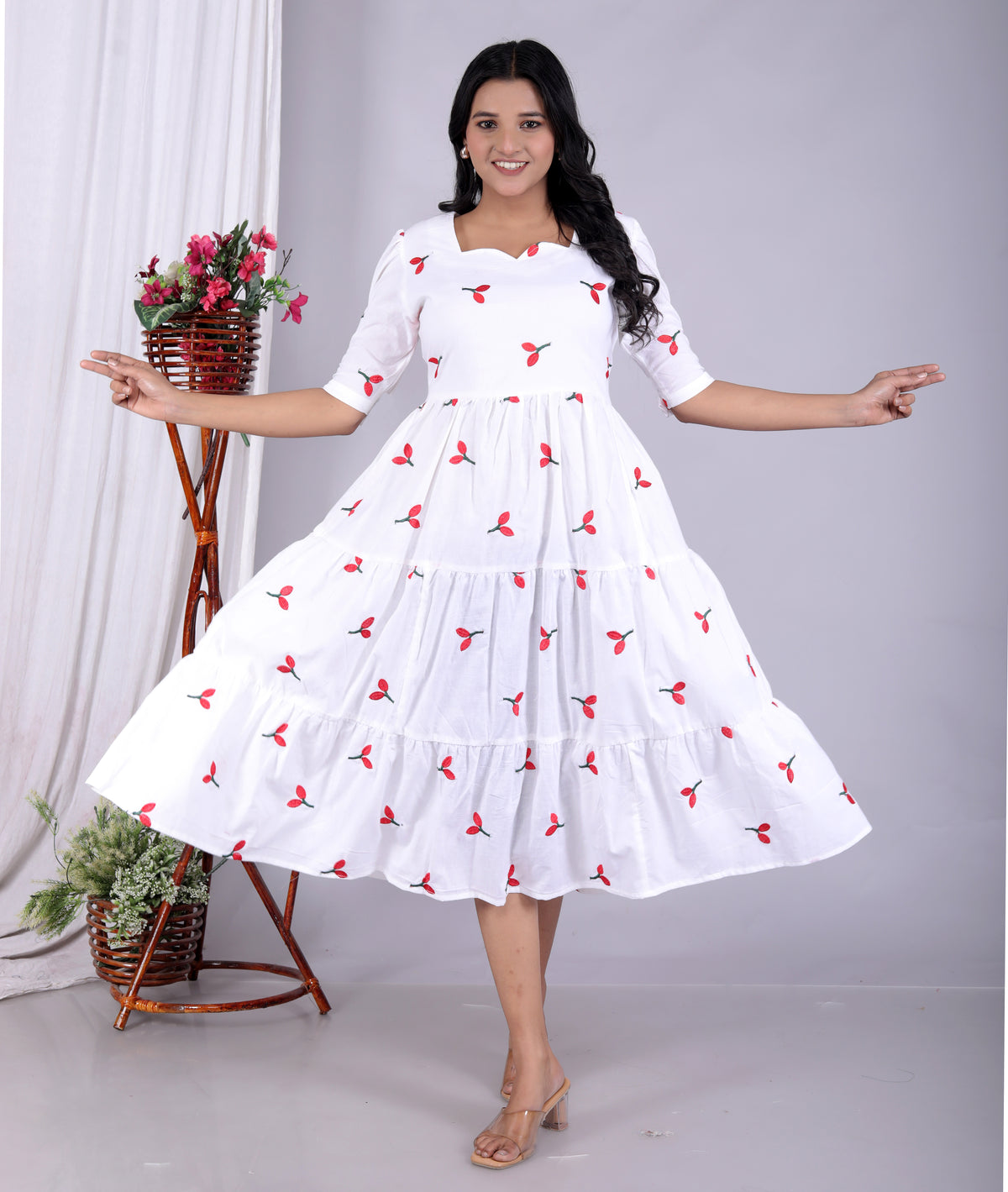 Women Cotton Embroidery Red Cherry Middi Gown