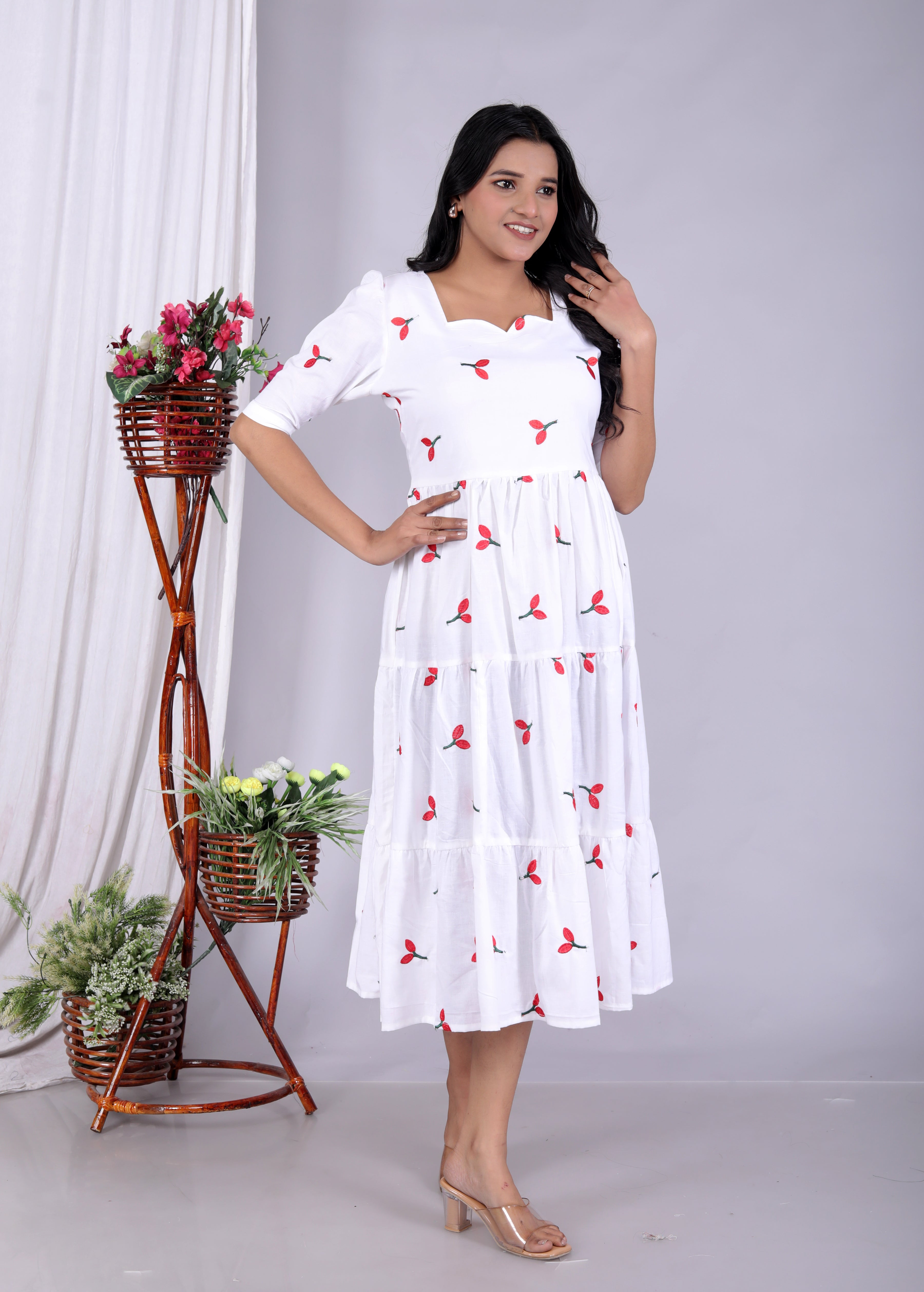 Women Cotton Embroidery Red Cherry Middi Gown