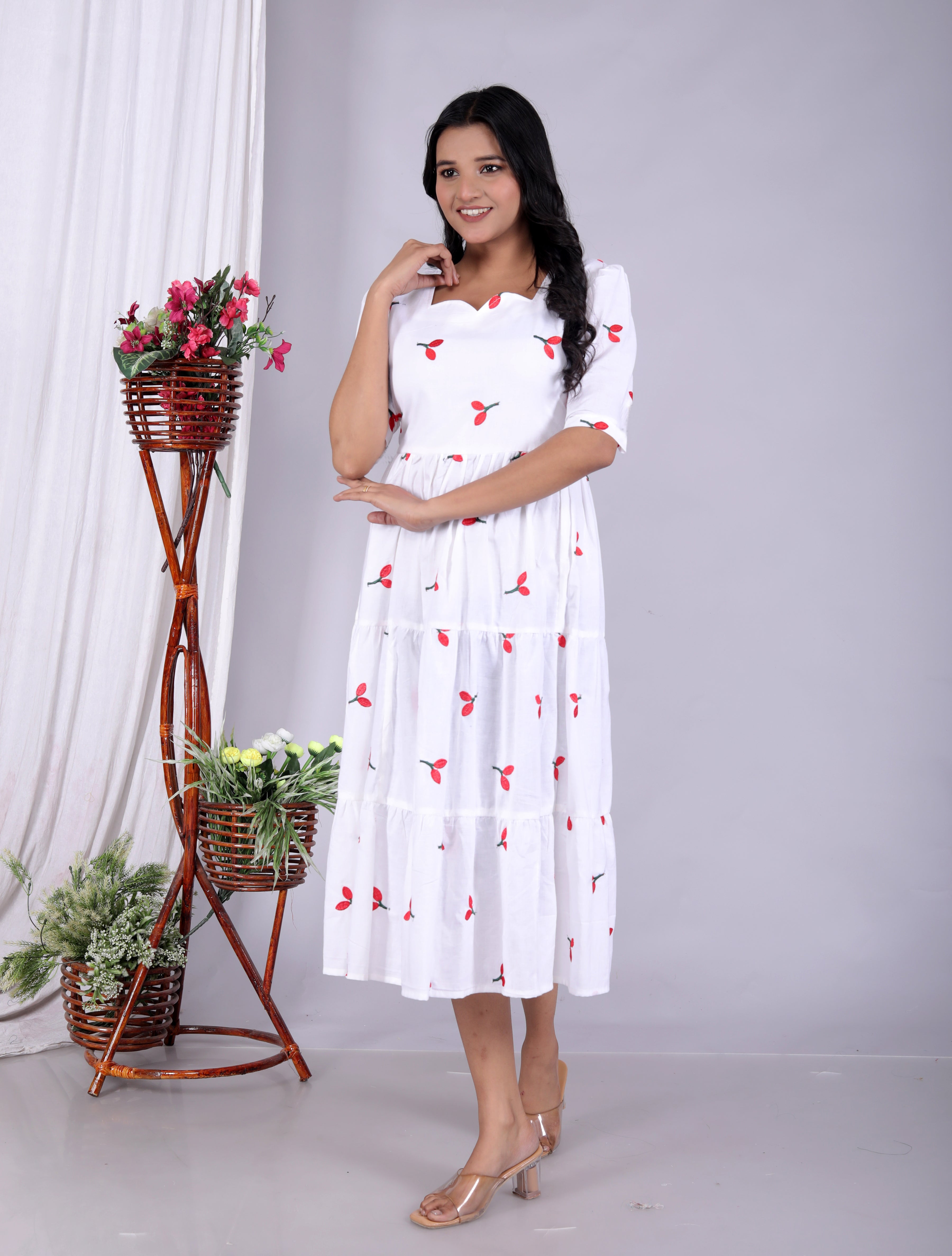 Women Cotton Embroidery Red Cherry Middi Gown