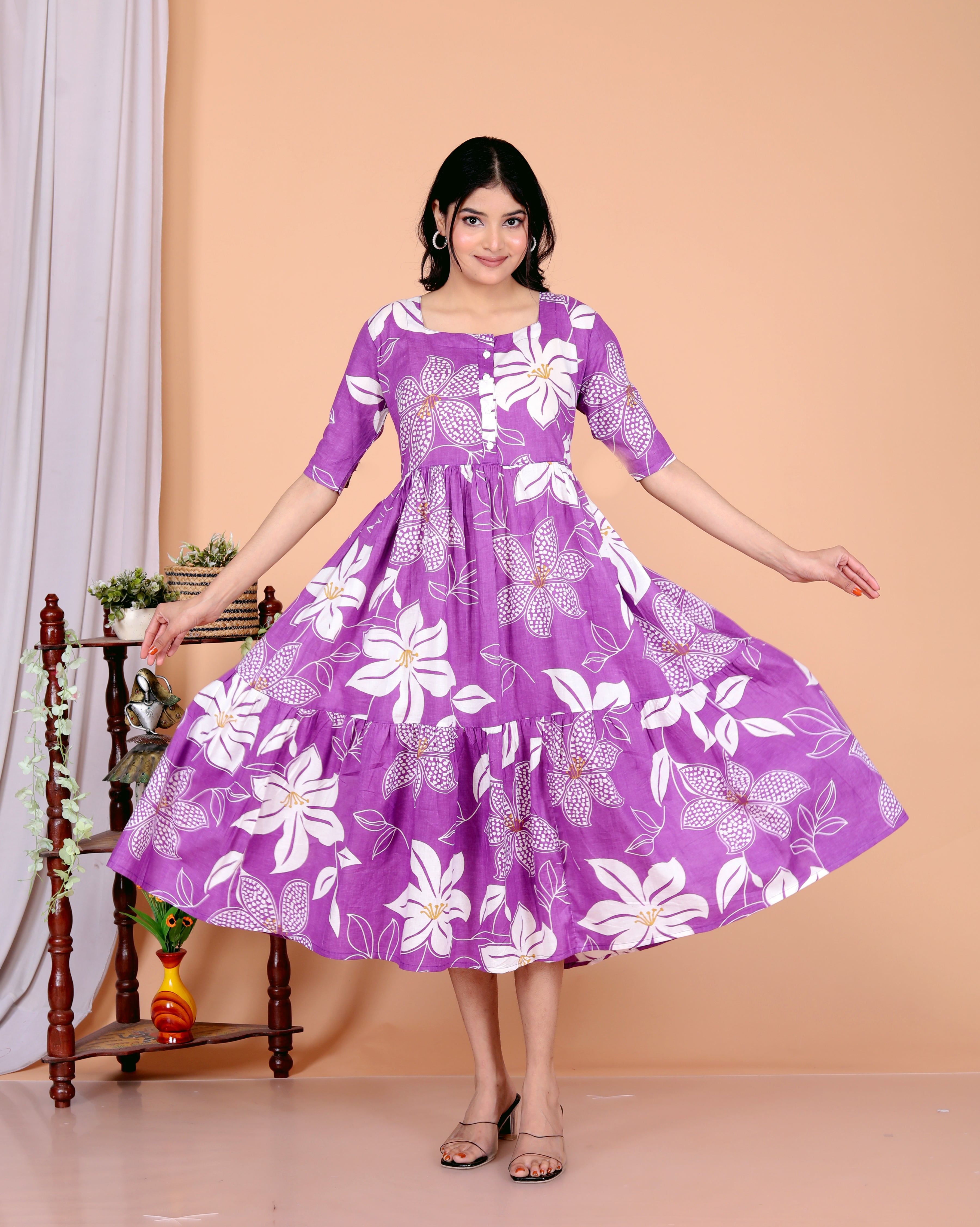 Women Purple Cotton Middy Gown