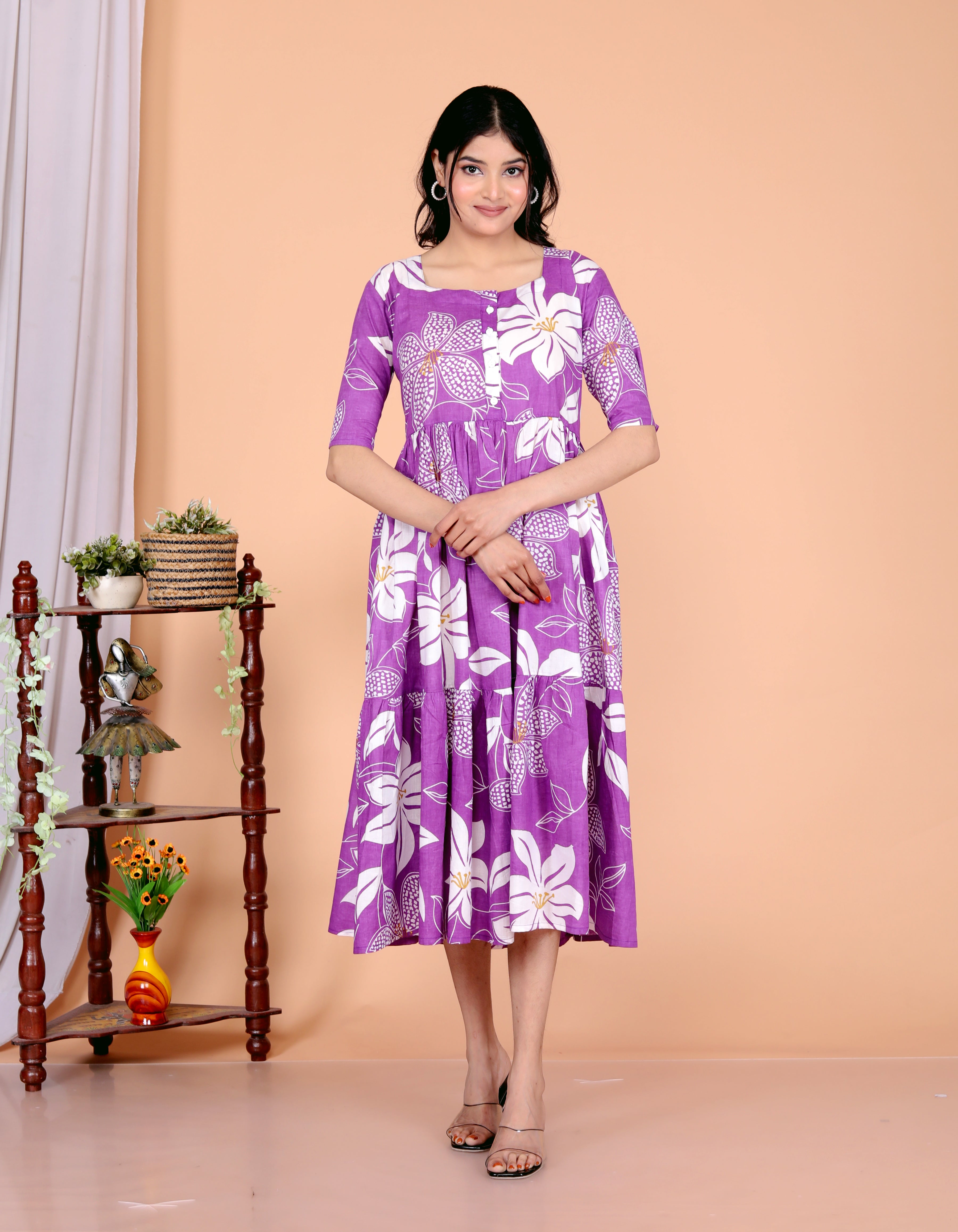 Women Purple Cotton Middy Gown