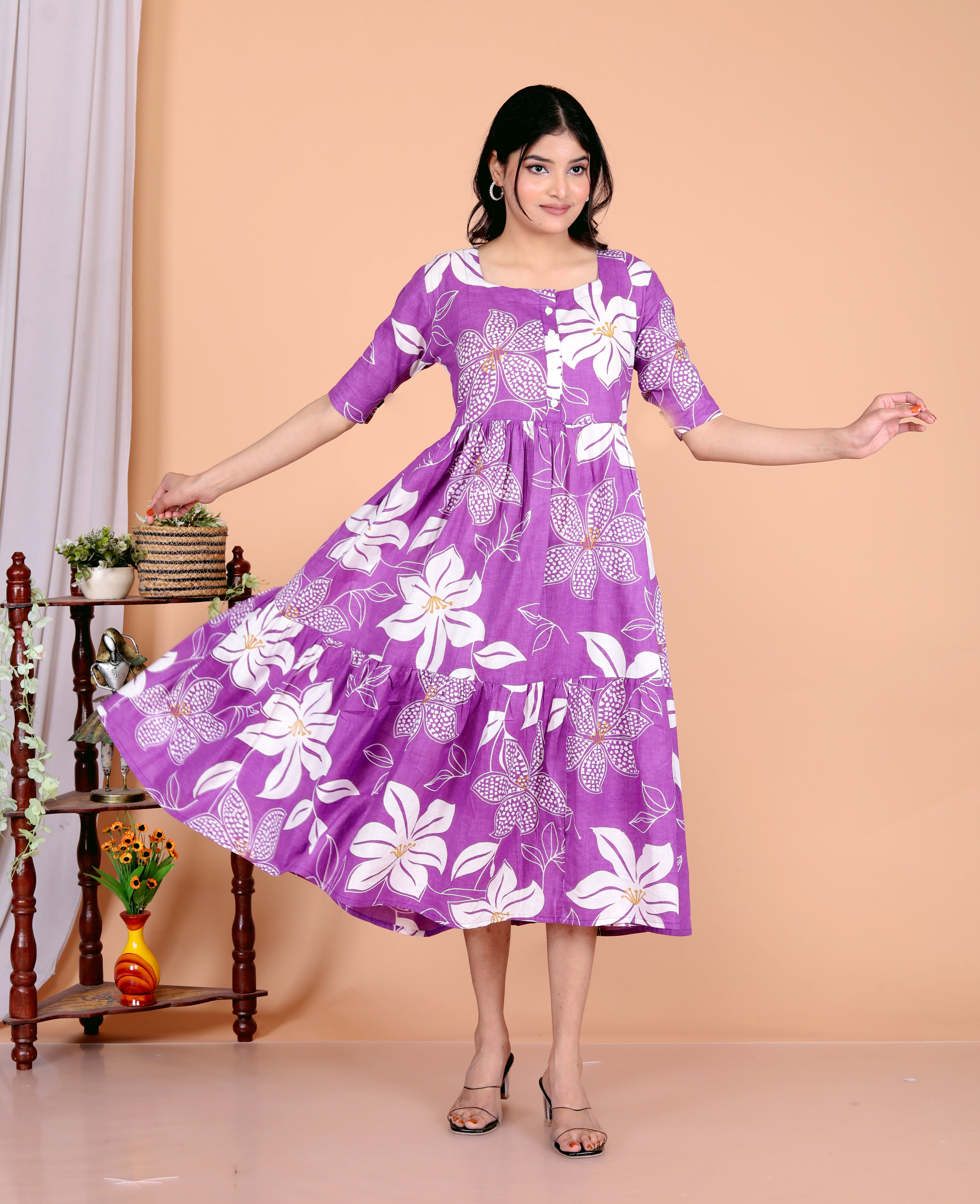 Women Purple Cotton Middy Gown