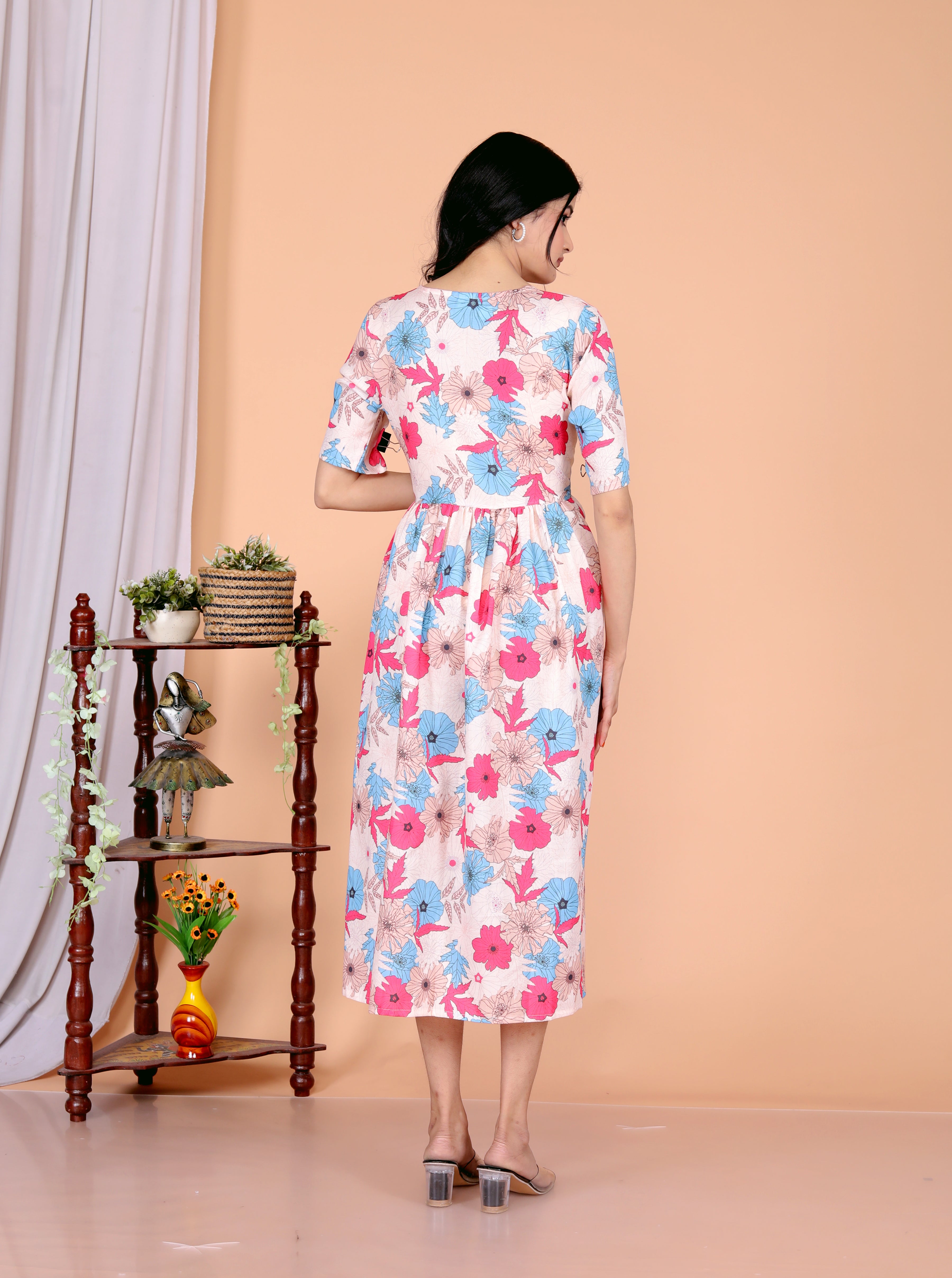 Women Cotton Multi flowers Middy Gown