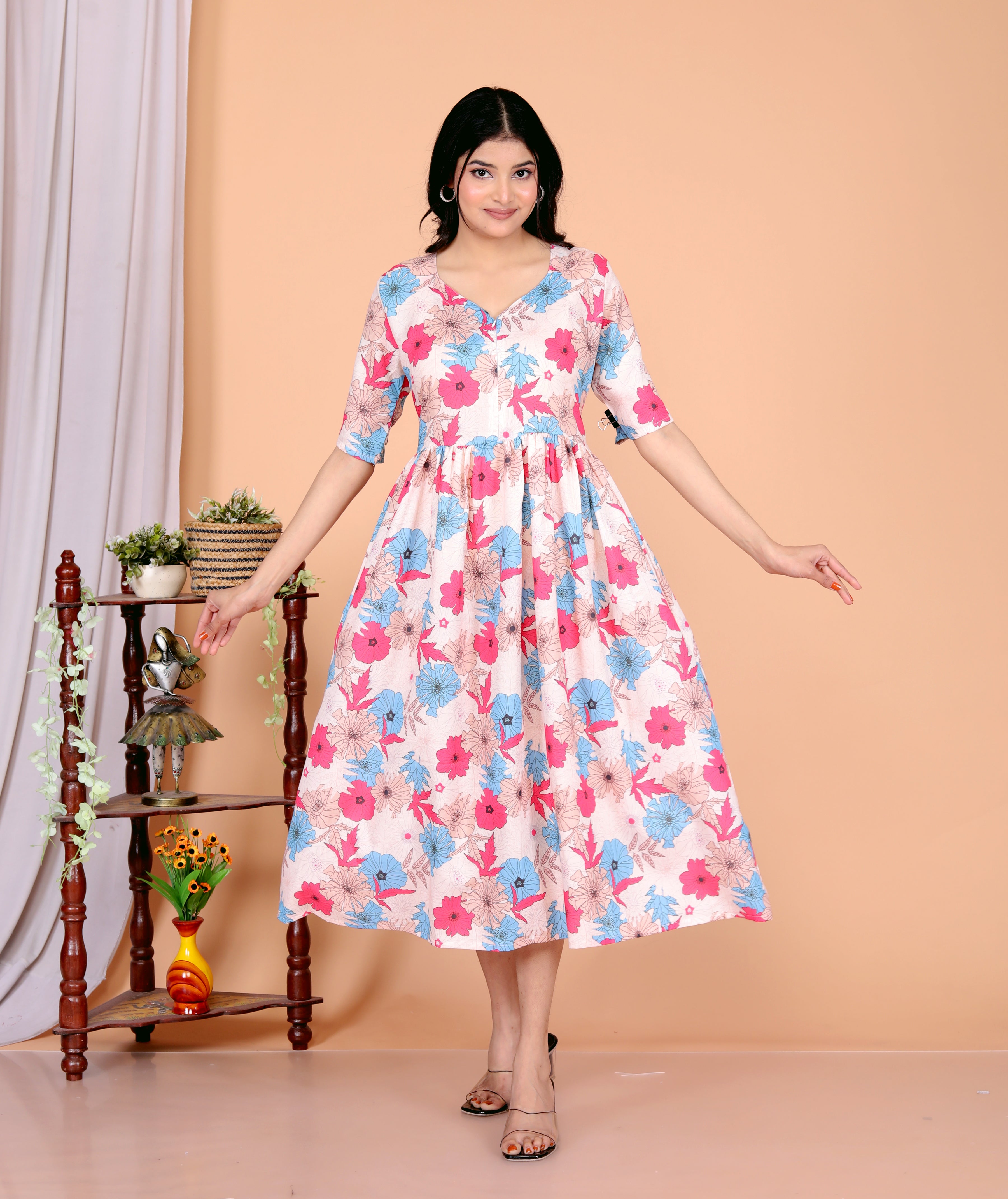 Women Cotton Multi flowers Middy Gown