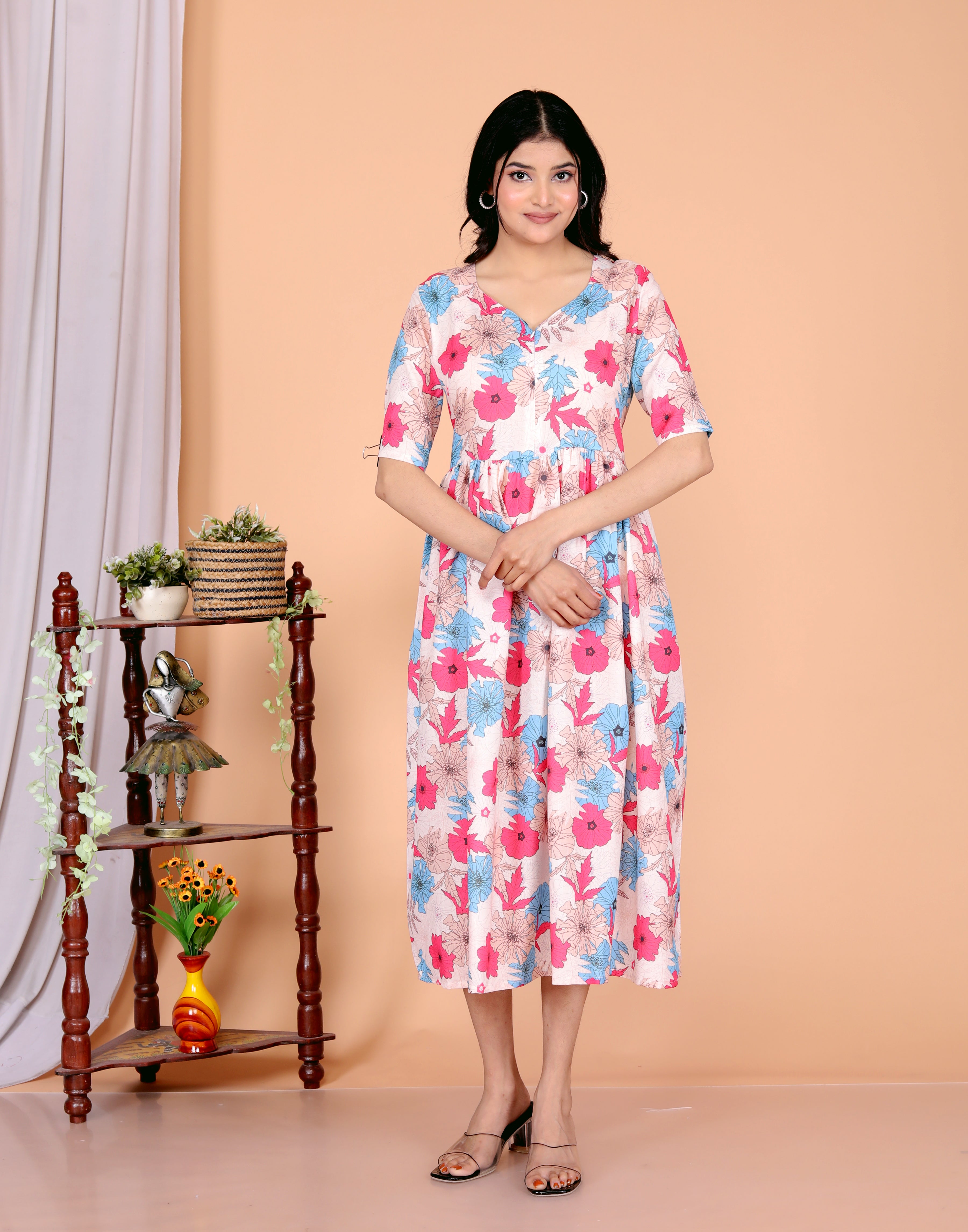 Women Cotton Multi flowers Middy Gown